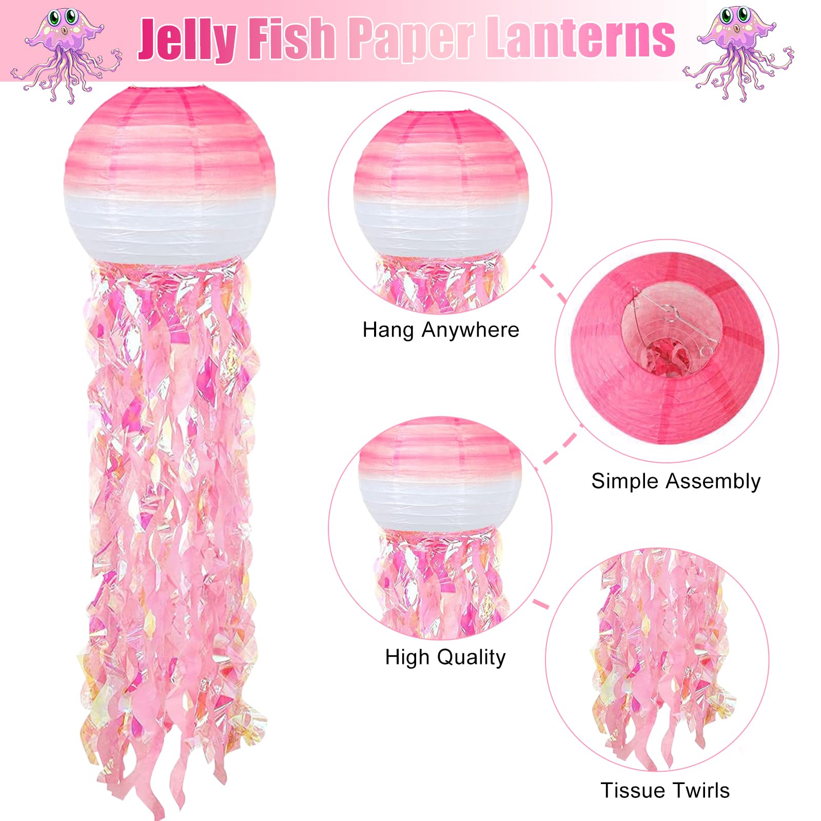 Lanterne Di Carta Medusa 6 Pezzi - Decorazioni Feste Tema Mare, 25cm Diametro, Colori Pastello, Appese