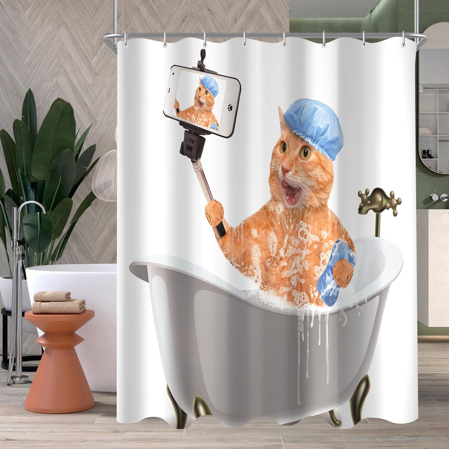 Lerores Shower Curtain, 120 x 200 cm, Cat Selfies, Weighted Hem, Anti-Mould, Water-Repellent