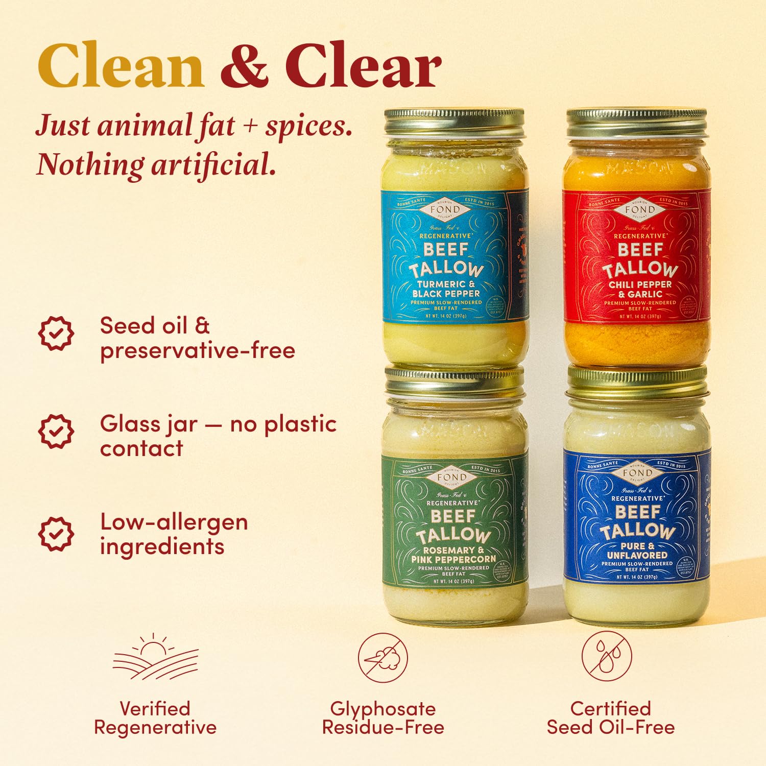 FOND Regenerative Grass-Fed Beef Tallow for Cooking – High Smoke Point Grass Fed Beef Tallow for Frying, Sautéing, & Roasting – Sustainably Sourced, Seed Oil Free – Variety Pack, 14oz (4-Pack)