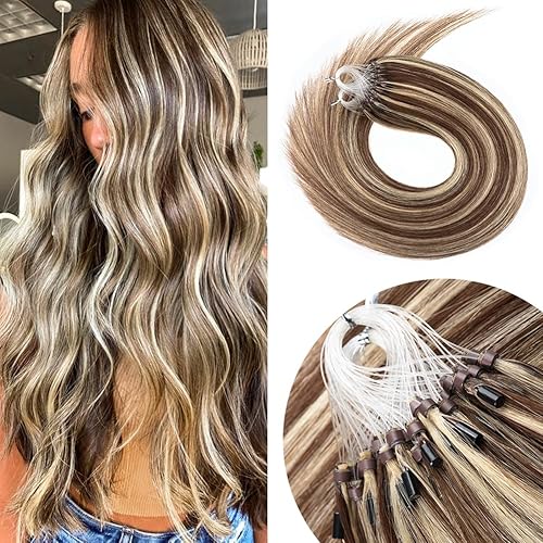 Senmy Invisible Microbead Extensions Human Hair 18inch Brown mix with Blonde Micro Loop Hair Extensions Real Human Hair 1g/strand 50g Bead Hair Extensions For Women
