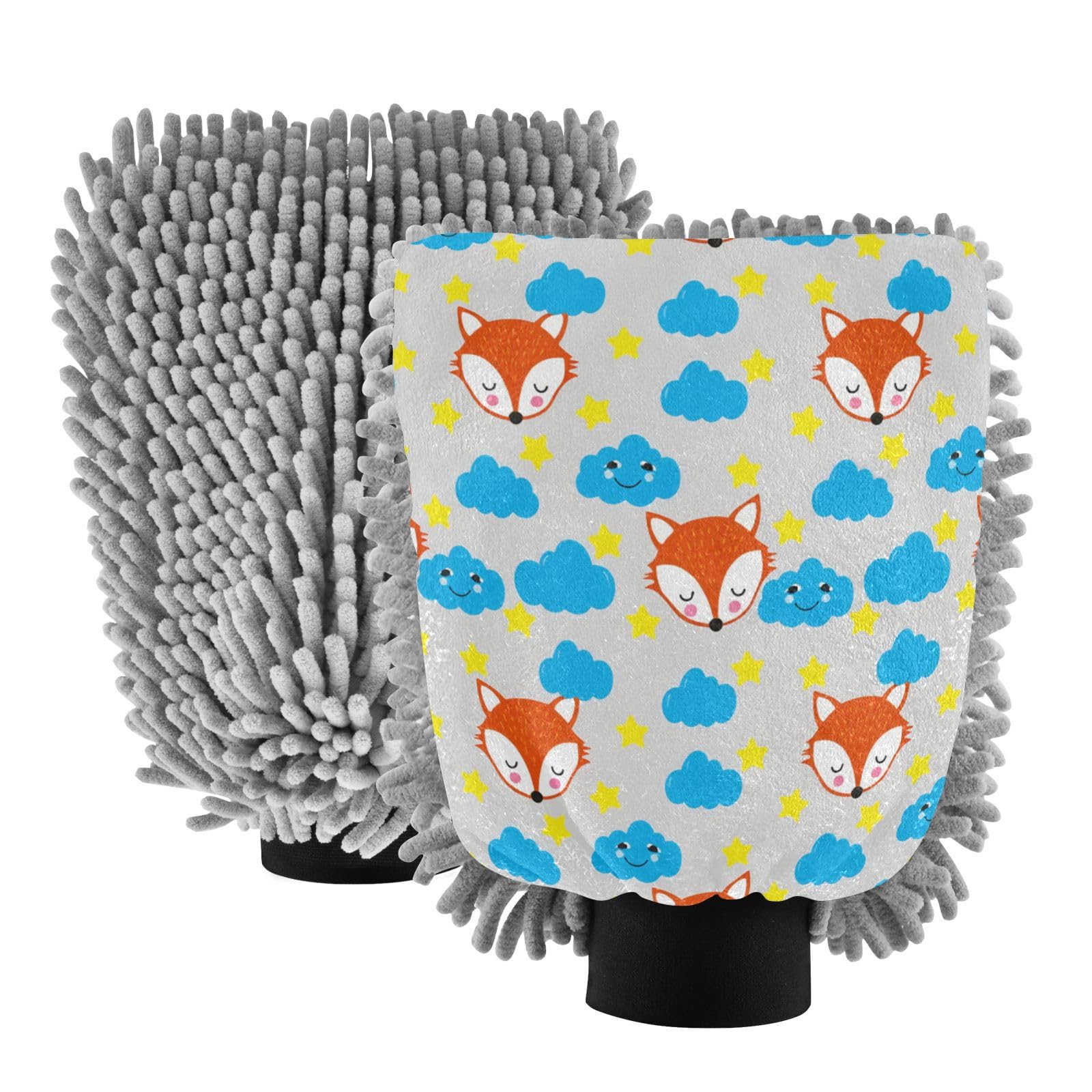 Kigai Cute Cartoon Fox Car Wash Mitt Microfiber, 2Pcs Scratch Free Lint-Free, Premium Chenille Microfiber Mitt Car Wash Brush-L