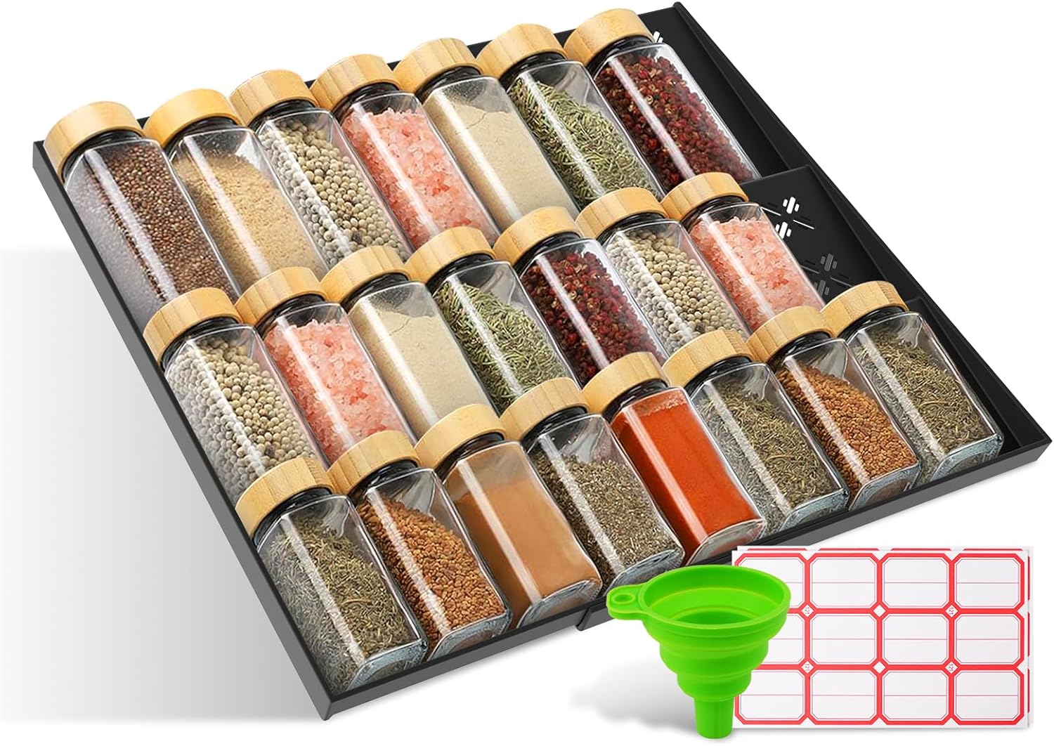 Expandable Spice Drawer Organizer Set with 3-Tier Rack & Labels Expandable Spice Drawer Organizer Set with 3-Tier Rack & Labels