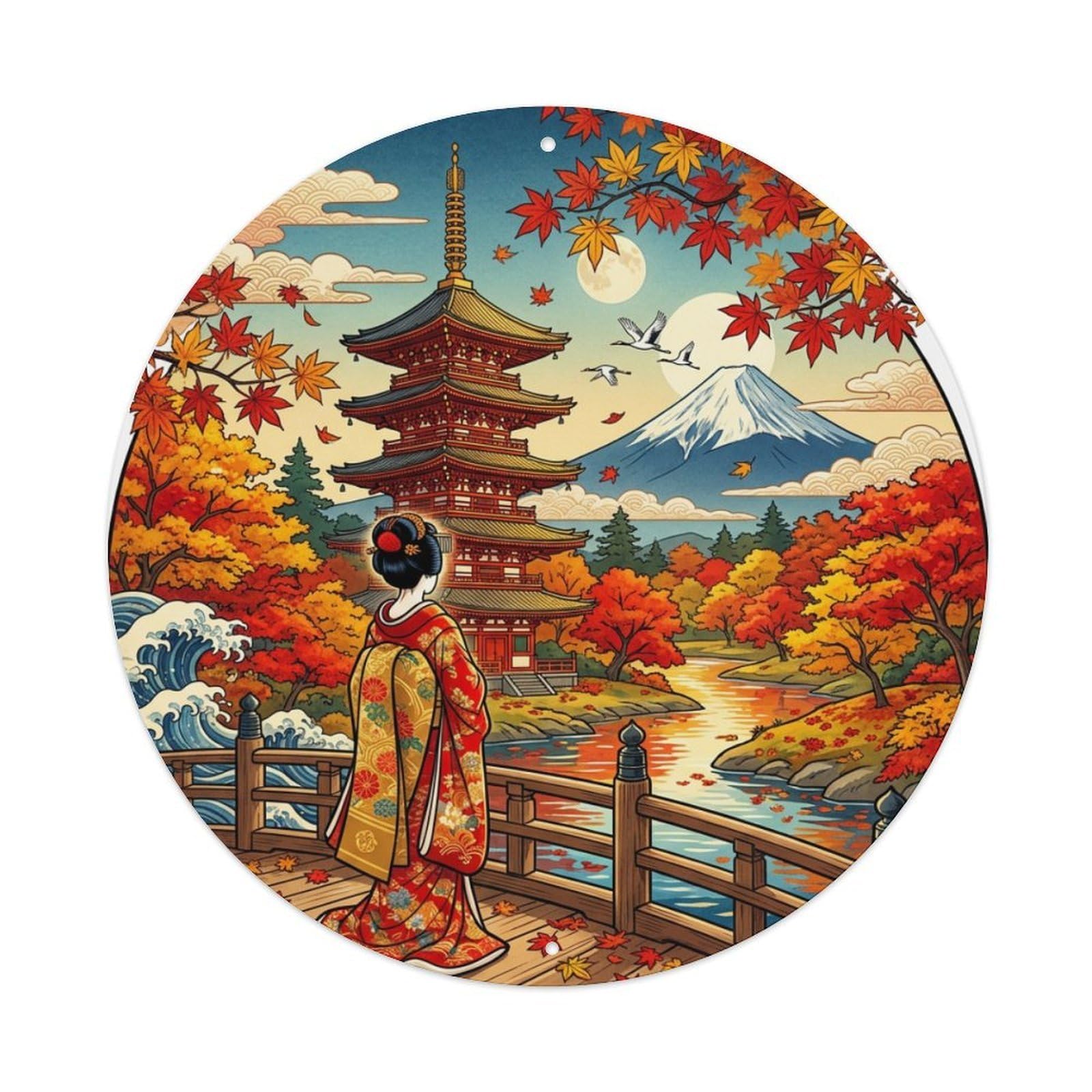 Cwbufd Vintage Style Japanese Geisha Pagoda Red Maple Nostalgic Landscape Vintage Metal Tin Sign Plaque Wall Decor For Cafe, Club Bar, Office, Garden Metal Poster 8X8inch
