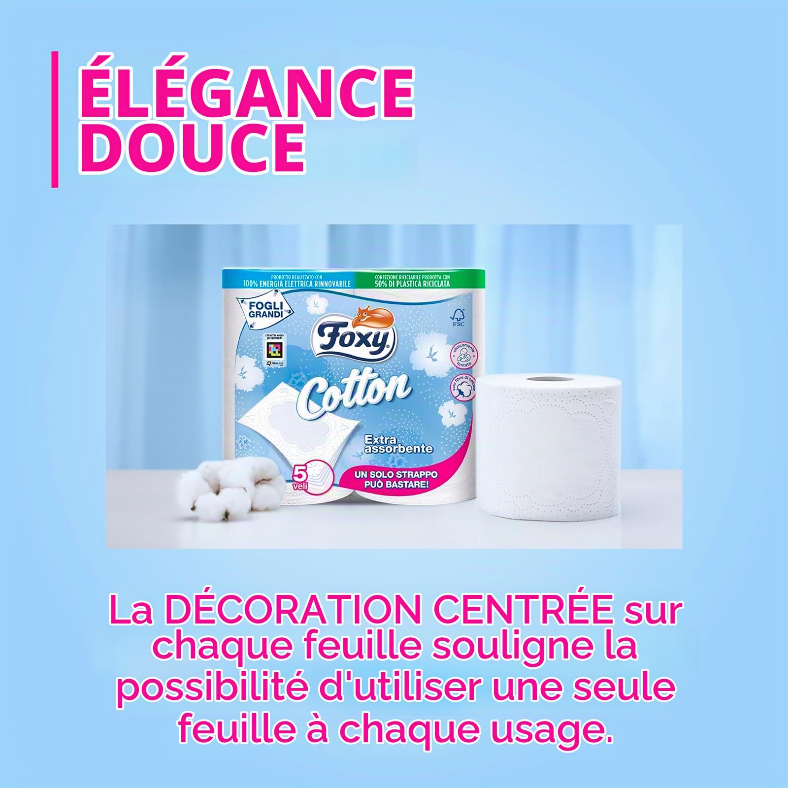 Foxy Cotton | Papier toilette 5 voiles | 60 rouleaux, 115 déchirures par rouleau, feuilles extra larges, avec de vraies fibres de coton | Certification FSC, 100% énergie électrique renouvelable,