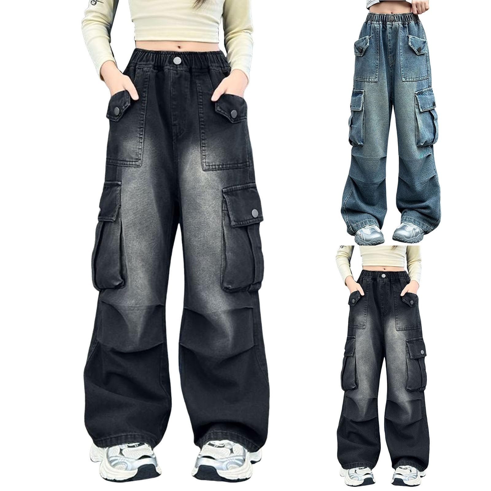 Baggy Cargo Jeans Mädchen Weites Bein High Waist Teenager Cool Jeans Hip Hop Cargohosen Gummibund Vintage Lässige Soft Jeanshose Retro