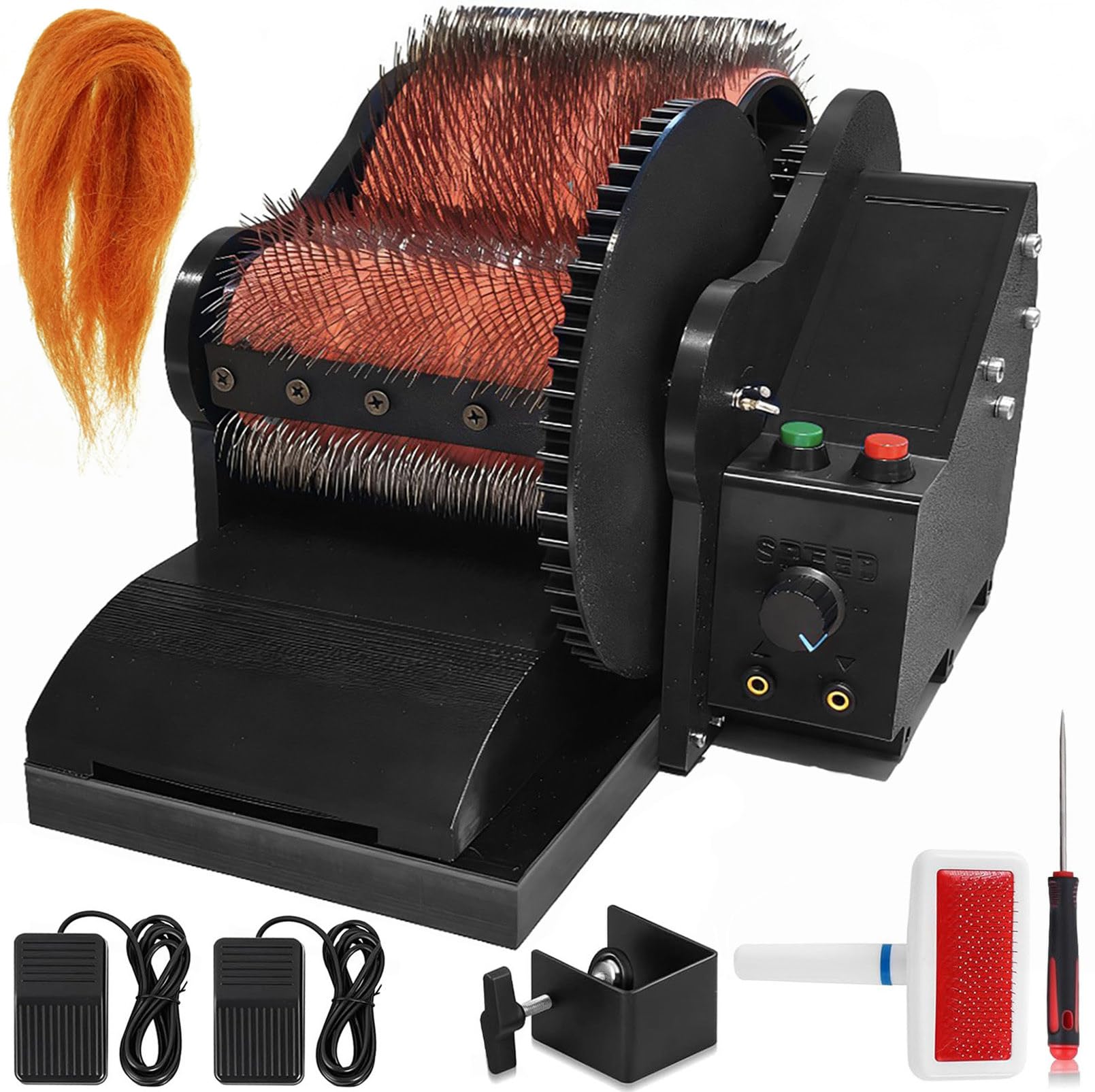 DmqChry Electric Felt Wool Carding Machine, Wool Drum Carder, Color Mixing Wool Blending Wheel with Brush & Awl, 2 Foot Pedal, for Remove Fiber Impurities & Making Felt Projects