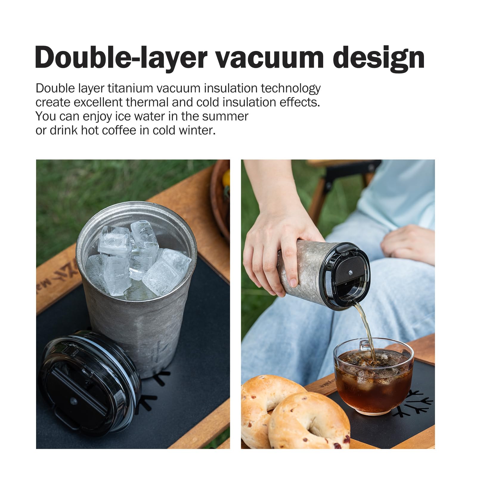 iBasingo Titan Kaffeetasse 500ml Isolierbecher Ultralichter Doppelwandiger Vakuum Reisebecher mit Schiebe Deckel, Spülmaschinenfest, für Camping, Büro, Auto, Outdoor Ti3235A
