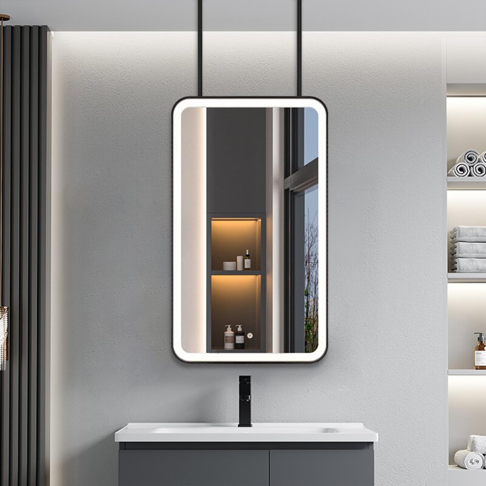 FGXHHS Wall for Over Sink, Rectangle LED Vanity Shaving with Lights, Metal Ceiling Mounted Customizable Boom - Black(40cmx70cm)