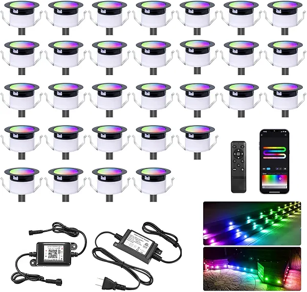 LED Deck Lights Kit, 30Pack 1.22" Low Voltage WiFi RGBW+IC Multicolor Dynamic Recessed Deck Lighting Work with Alexa/Google Home, IP67 Waterproof 12V Step Lights Outdoor for Garden Yard Path Stairs