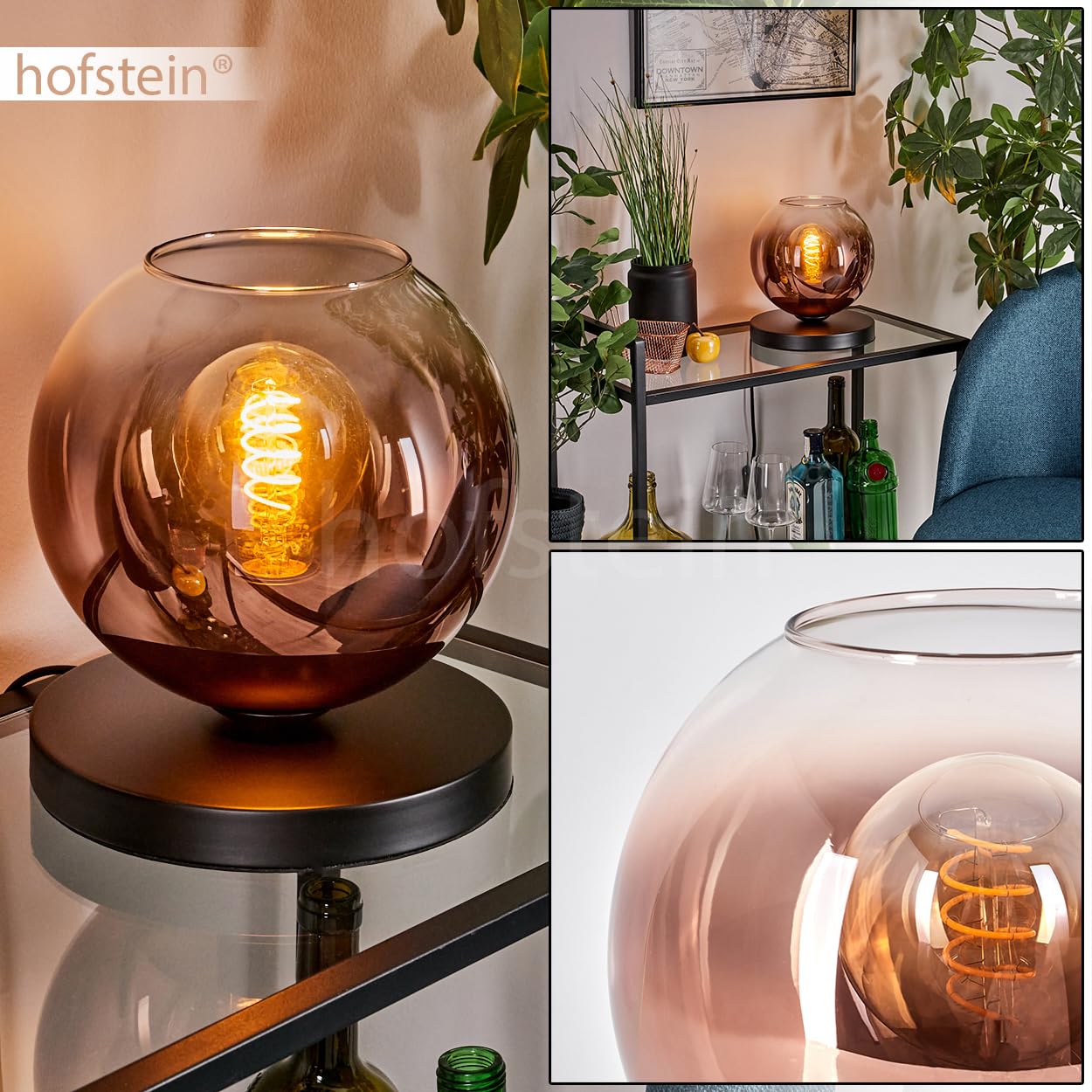 Tischleuchte Apedo, Tischlampe aus Metall/Glas in Schwarz/Kupferfarben/Klar, Leuchte im modernen Retro/Vintage-Design mit Schirm aus Glas (Ø 20cm) u. An/-Auschalter am Kabel, 1x E27, ohne Leuchtmittel