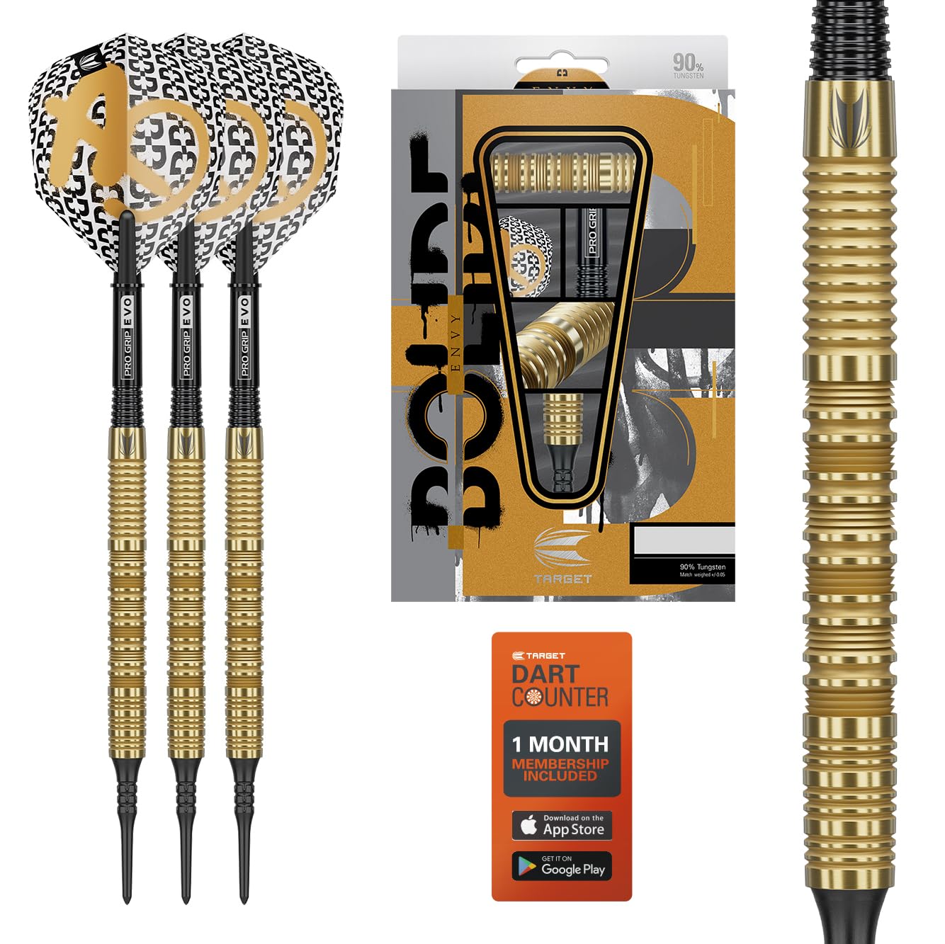 Target Darts Bolide Envy 90% Tungstène Pointe Souple Dart Set (Barrel 10), 18G/21G | N° 6 Vols et Pro Grip Evo Arbres, Électroniques Pixel Conseils Inclus | Professionnels Fléchettes Sets