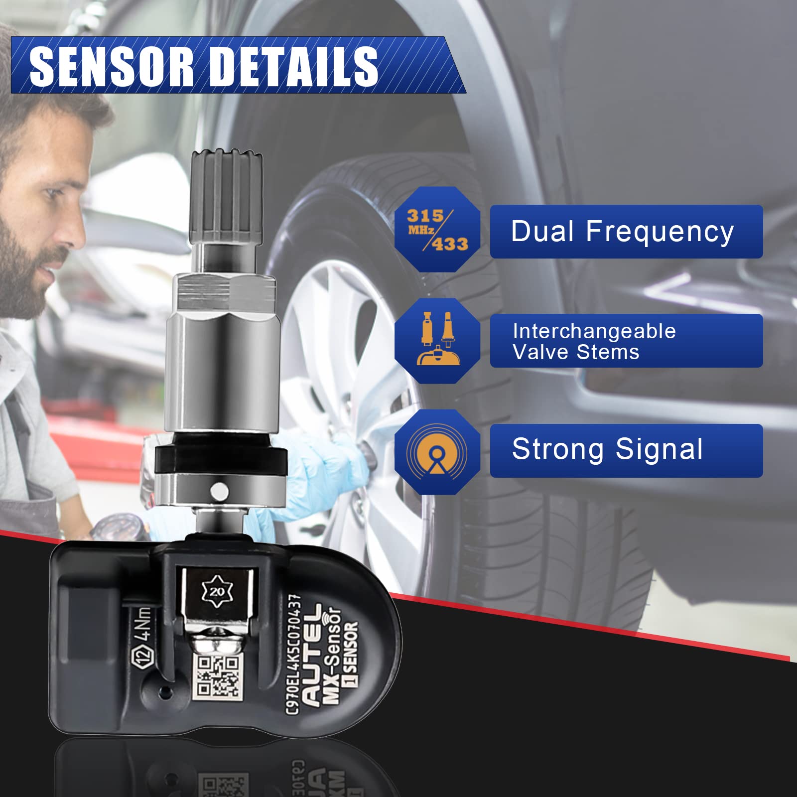 Autel Sensor TPMS, sensor TPMS, sensor de presión de neumáticos, sensor de repuesto de neumáticos de doble frecuencia de 315 MHz + 433 MHz, sensores TPMS programables universales para presión de