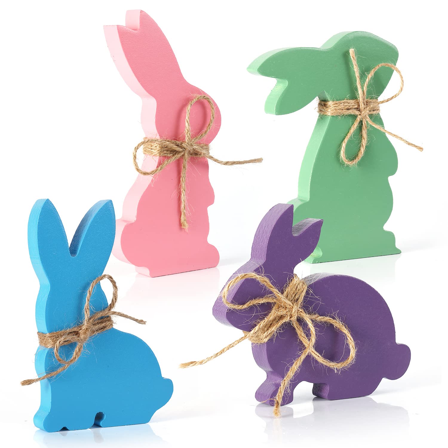 4pcs Easter Bunny Wooden Sign, Easter Tabletop Decorations Signs Cute Easter Table Wooden Signs with Hemp Rope for Home Office Birthday Spring Themed Party Farmhouse Decor