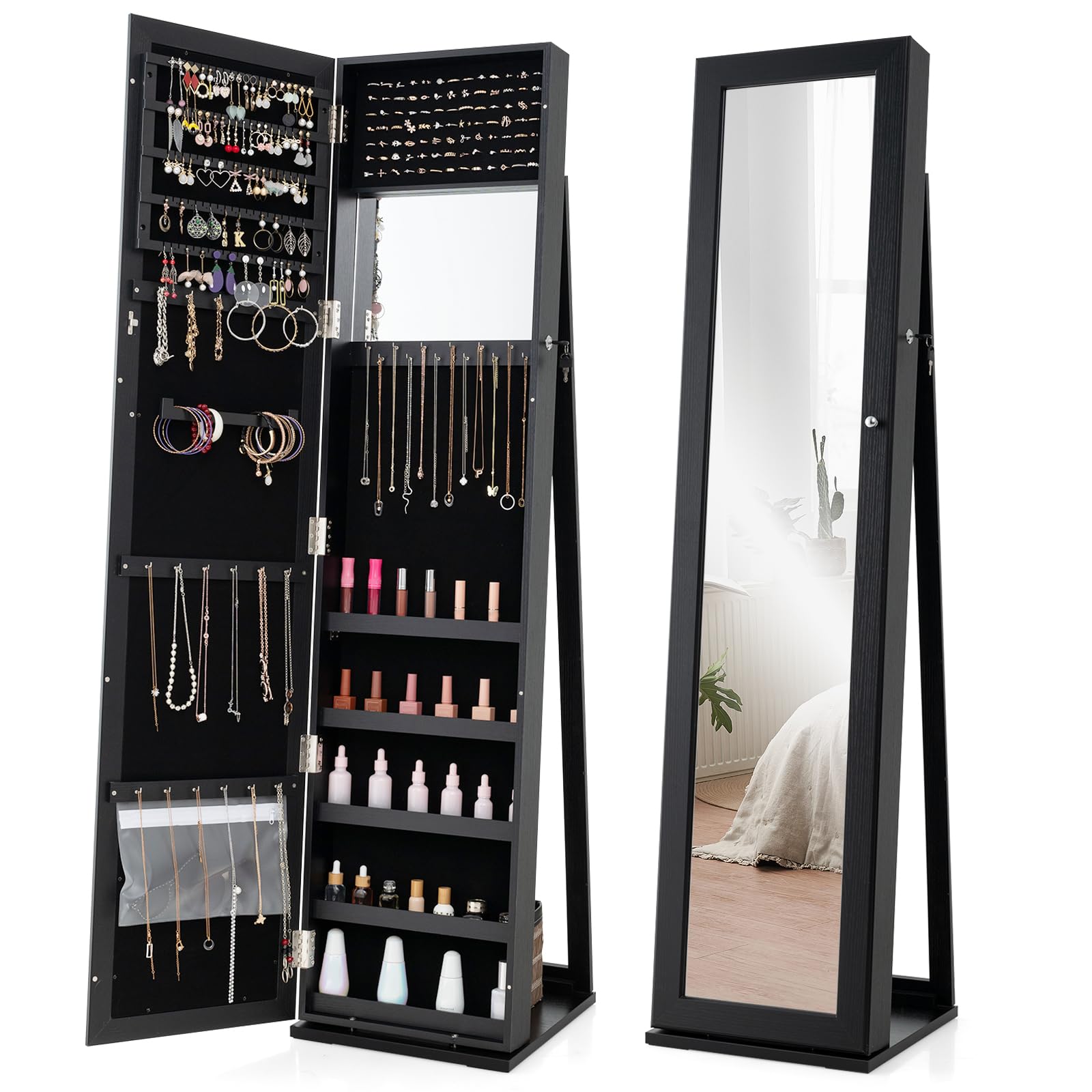 GOPLUS GOPLUS Espejo Joyero de Pie 2 en 1 con Cerradura, Armario para Joyas Giratorio con Ranuras para Anillos, Ganchos para Cadena, Espacios para Pendiente, Organizador de Joyería 157,5x38x38cm (Negro)