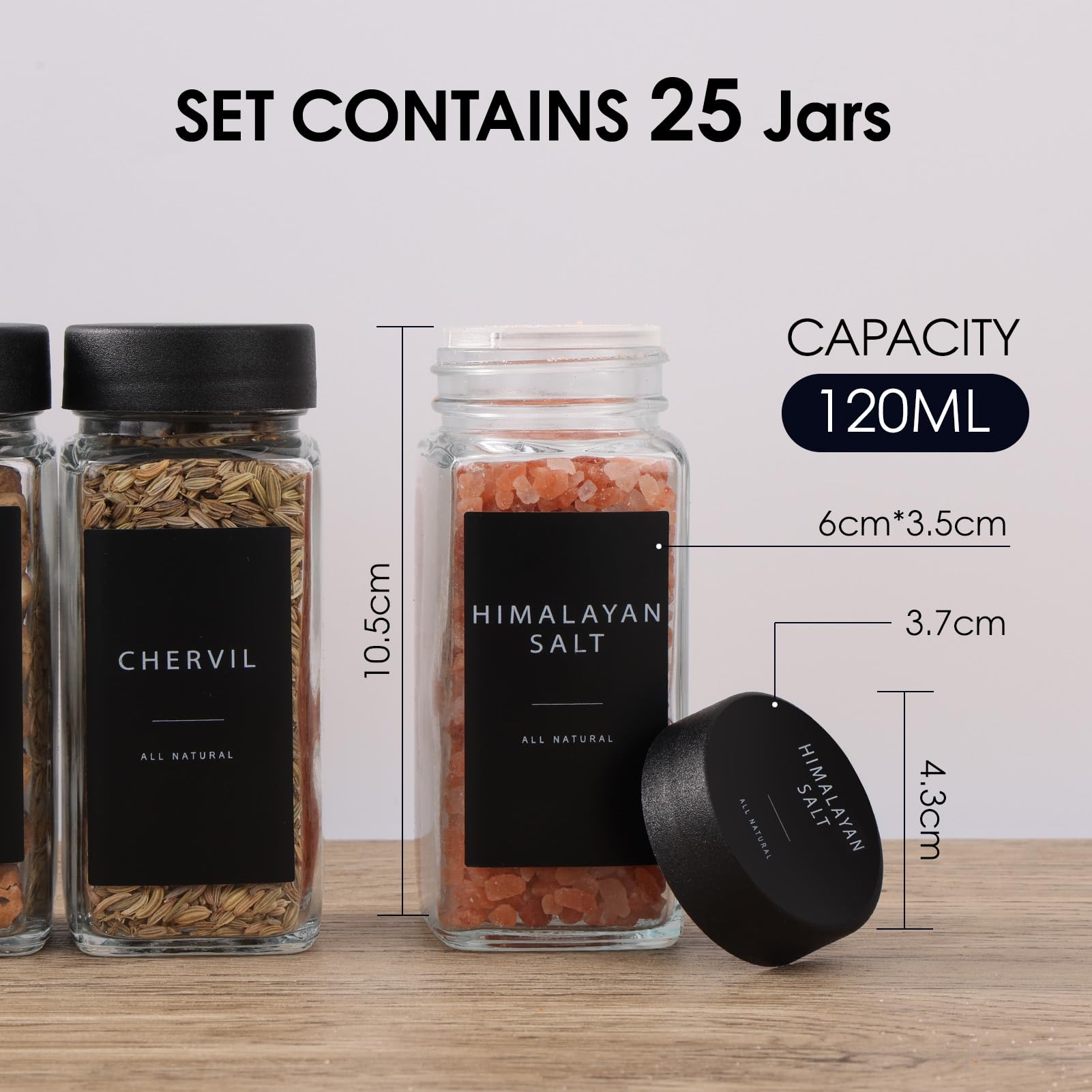 Pot à Épices en Verre et Bois, 25 Pièces Bocaux à Épices avec Étiquettes d'épices Françaises, 120ml Boite à Épices Cuisine Rangement, Bocal Epices avec Tamis, 308 Étiquettes, Entonnoir
