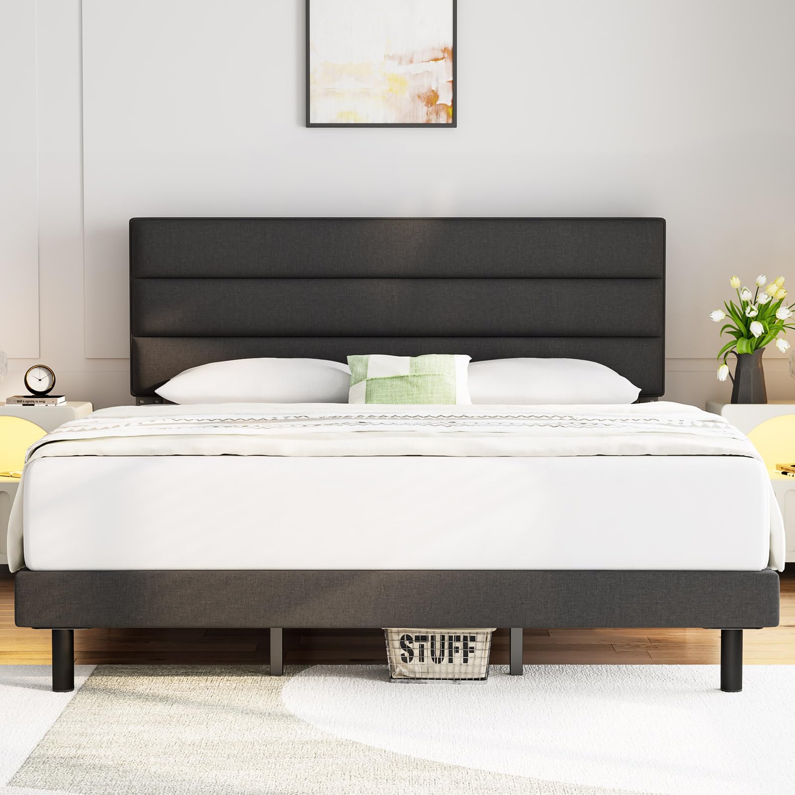 IYEE NATURE Twin Bed Upholstered Platform with Headboard and Strong Wooden Slats, Strong Weight Capacity, Non-Slip and Noise-Free,No Box Spring Needed, Easy Assembly,Bed,Dark Gray