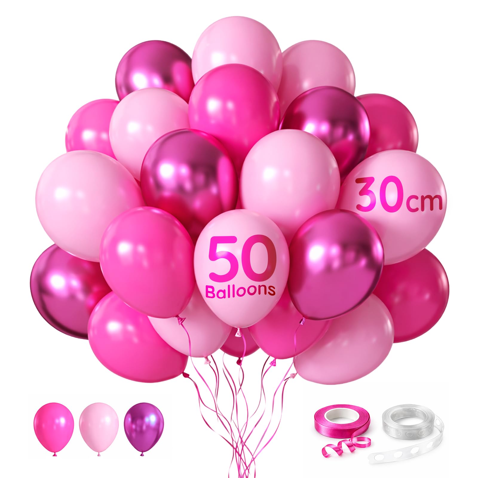 Zeno Women's Pink Balloons 50Pcs 12 Inch / 30Cm Helium Grade Latex Balloons With Ribbon & Balloon Chain – Party Balloons For Baby Shower, Bachelorette & Birthday
