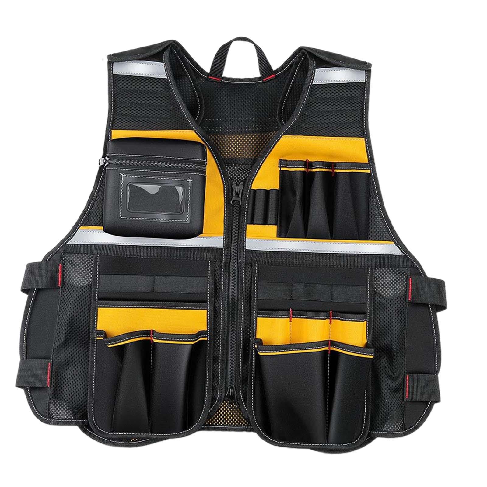 Qianly Chaleco para Herramientas con Bolsillos de Varios Tamaños Portaherramientas Ajustable Resistente con Banda Reflectante Adecuado para Electricistas Tra, Amarillo