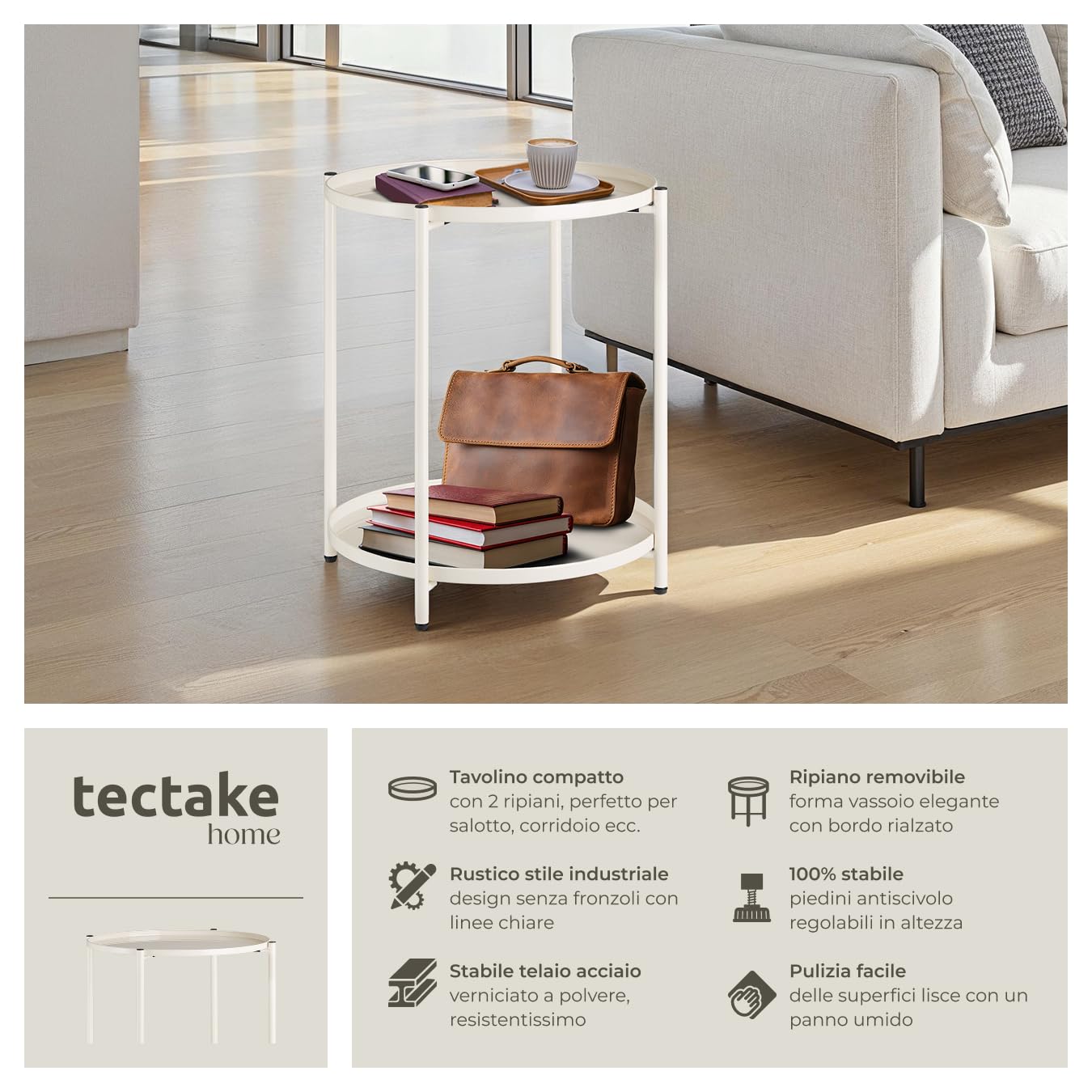 tectake® Tavolino Salotto 45,5 x 45,5 x 53 cm, Tavolino da salotto Tondo Basso, Mobile Soggiorno, Ripiano a Vassoio, Mobiletto Salvaspazio Divano, Camera, Ufficio, Soggiorno, Design Rustico - Crema