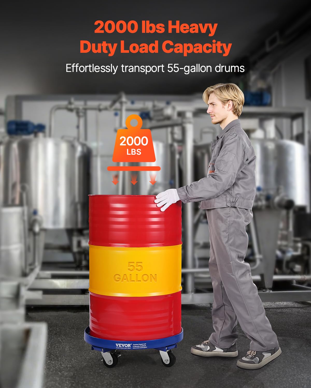 VEVOR Chariot pour fûts de 250,03 L Capacité de Charge de 907 kg Chariot pour fûts Lourds avec Renforts transversaux et 4 Roues pivotantes, pour manutention de fûts en Stock, Bleu