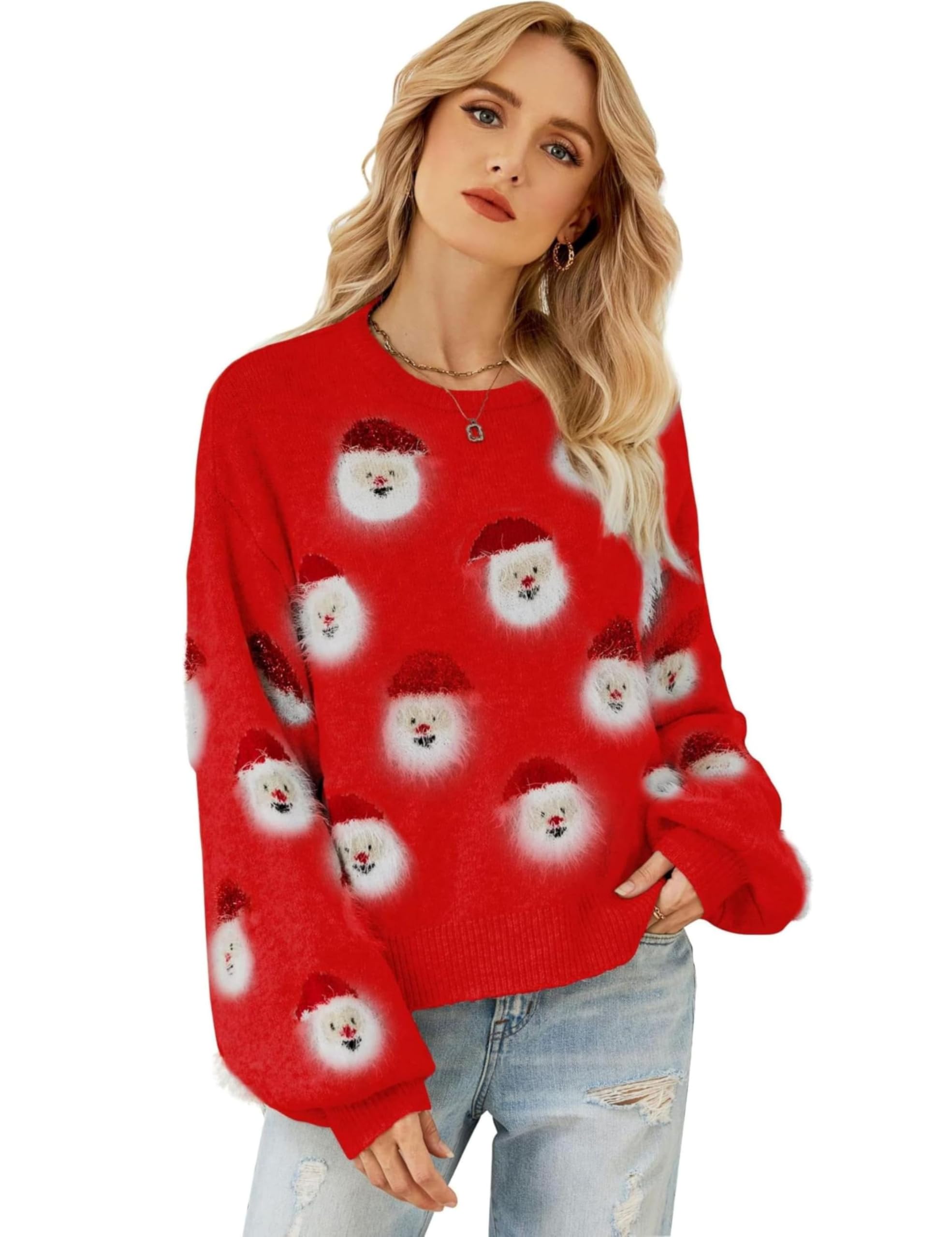 Ugly Christmas Sweater Women Funny Santa Xmas Cute Snowflake Holiday Party Knitted Pullover Tops