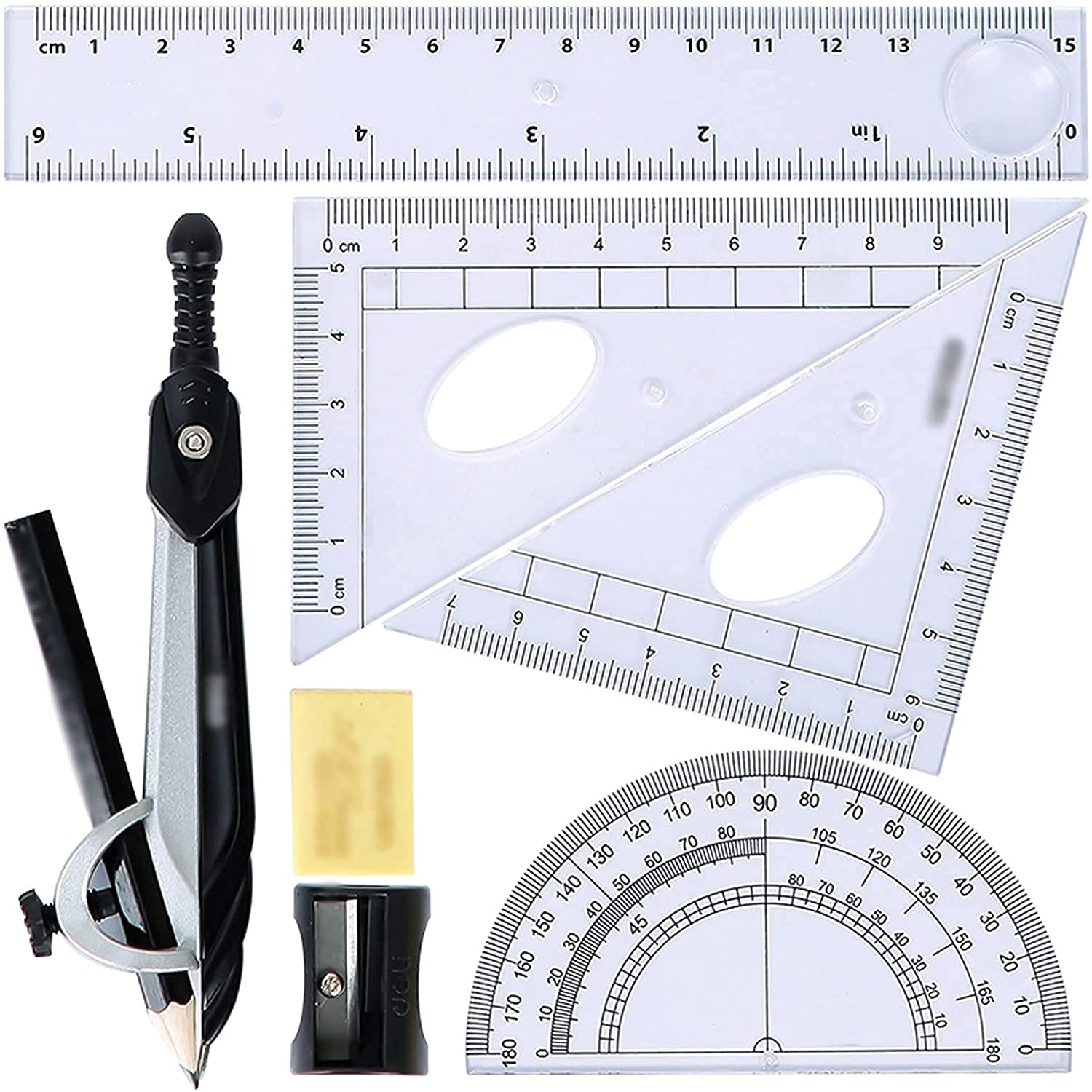 Mathe-Kompass, 7-teiliges Winkelmesser- und Zirkel-Set, Kompass für Geometrie, Mathe-Kompass, Kompass für die Schule mit Aufbewahrungsbox, schwarzer Kompass für Geometrie
