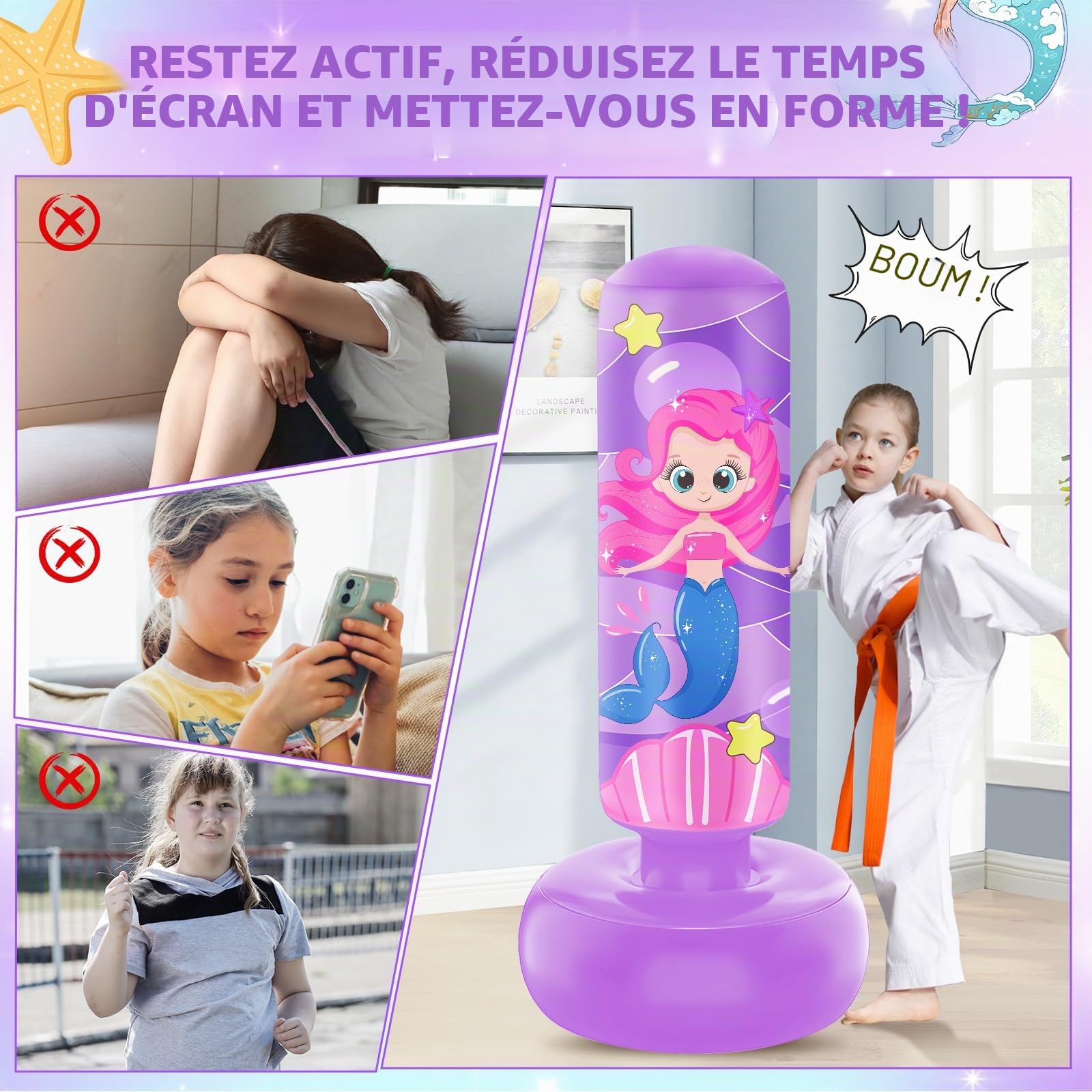Sac de Frappe pour Enfants, Grand Sac de Frappe Gonflable de 168cm avec Gants de Boxe, Cadeau pour Les Filles pour Enfants, Ensemble de Boxe pour Pratiquer Le Karaté, Le Taekwondo, Le MMA