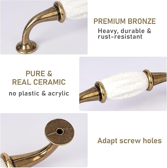 Retro Ceramics Cabinet Handles, French Style 2 Pcs White Ceramic Zinc Alloy Pulls with Screws for Cupboards Wardrobe Drawer Dresser, 3.77 Inch Center to Center Spacing