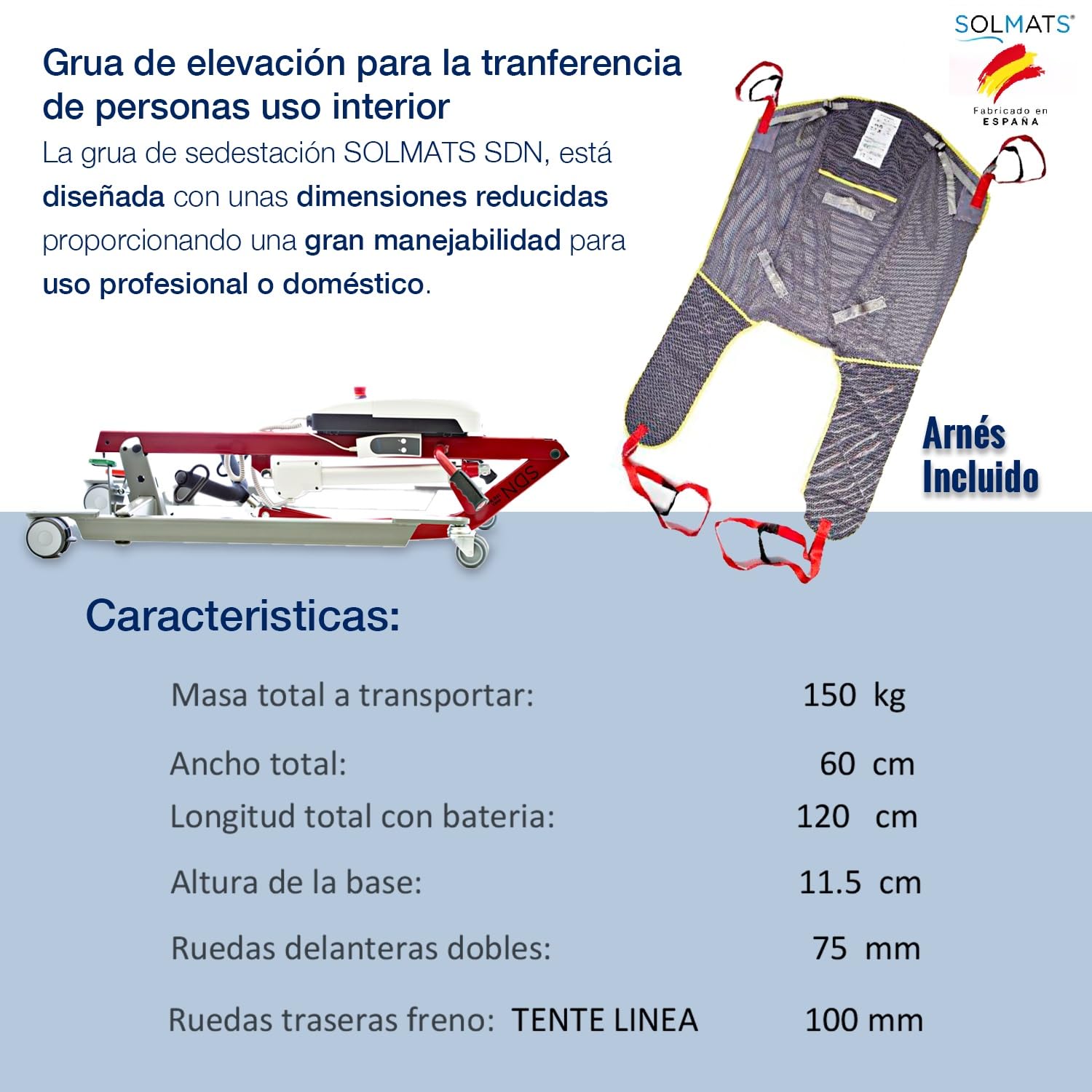 Grúa eléctrica, Grúa personas mayores, Grúa para enfermos, Elevador de pacientes, Marca Española, Solmats, Soporta 150 kg, Arnés Incluido, Personas Mayores, Segura, Plegable, Fácil de Usar