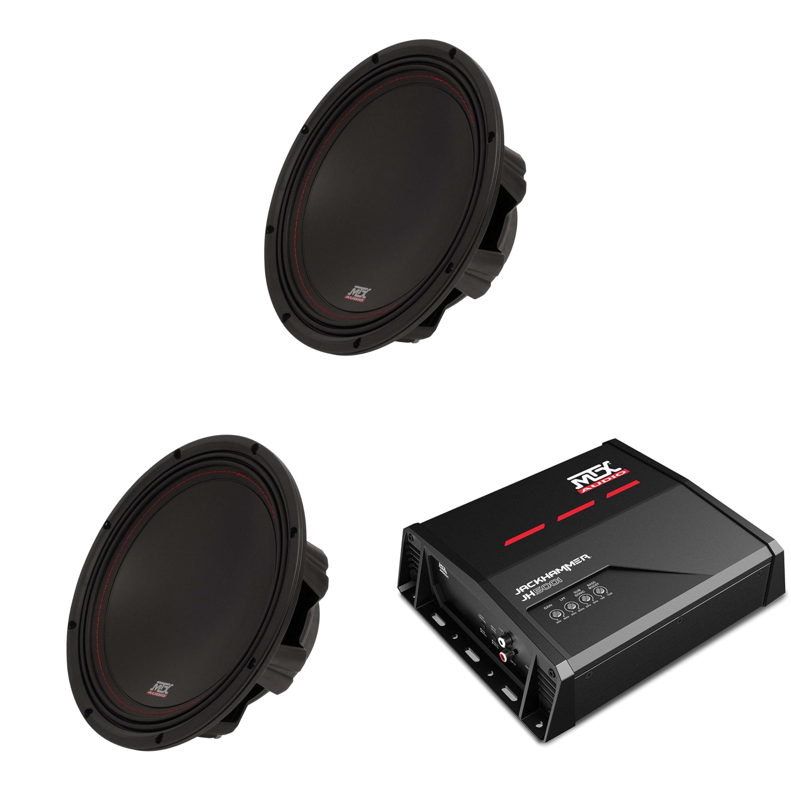 MTX JH5001 Jackhammer Series 500W x 1 @ 1-Ohm Class D Mono Block Amplifier, and (2) MTX 3510-02 35-Series 10