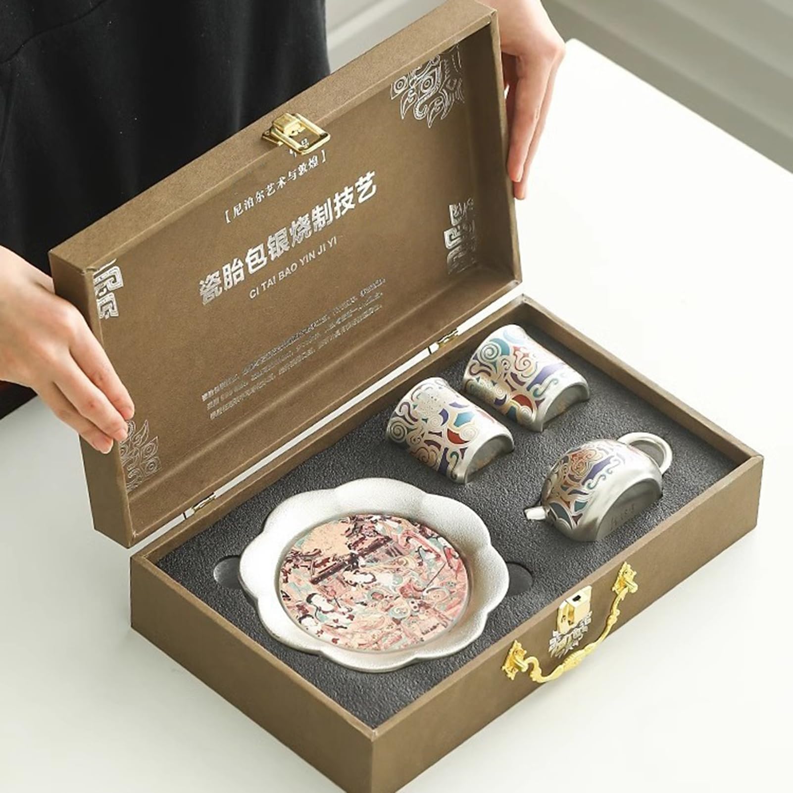 FOTN Juego de té vintage único, cerámica y plata, 1 olla, 2 tazas, 1 alfombrilla para olla, 1 caja de regalo, juegos de té KungFu, juego de tazas de café de lujo, taza para beber