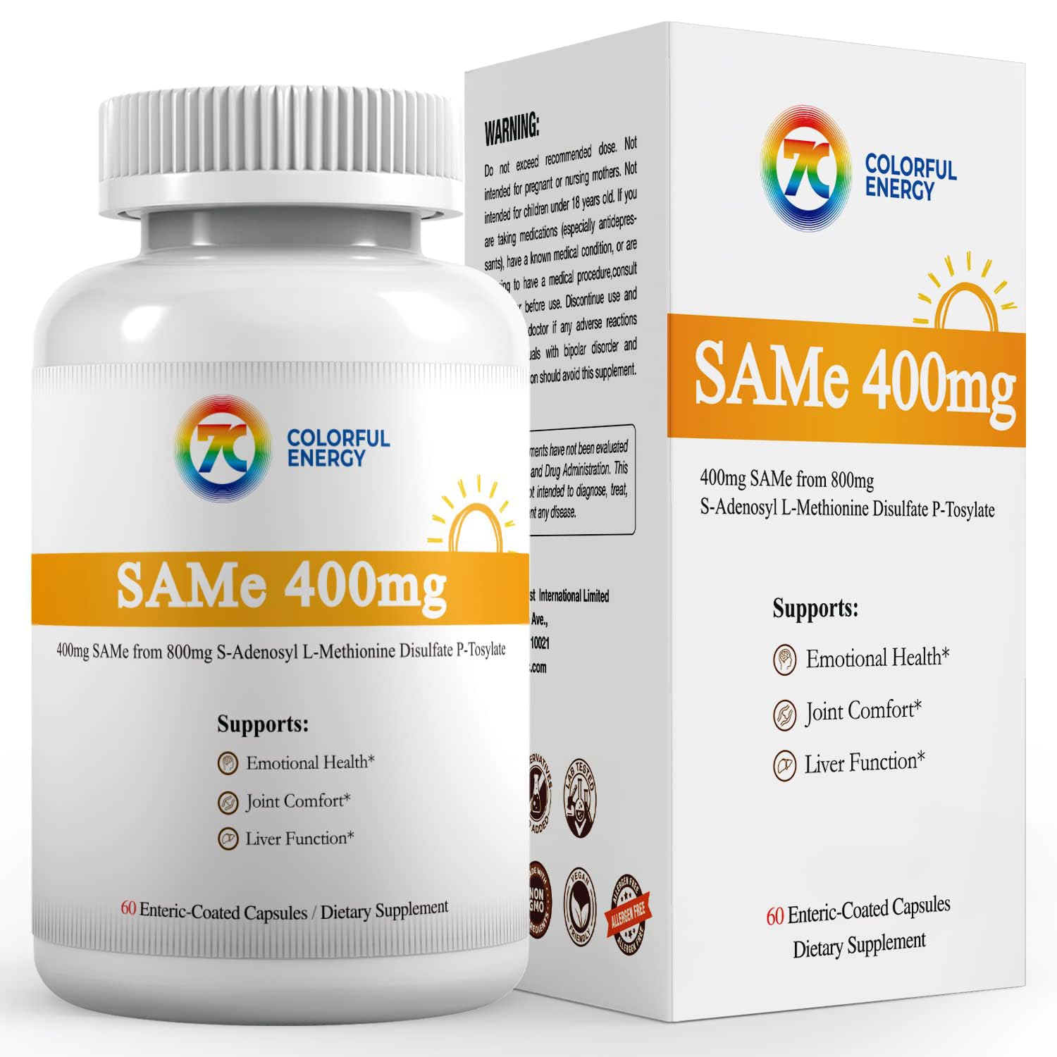 7c SAM-e 400mg Supplement (S-Adenosylmethionine), Vitamin B6, B12 Added to Enhance SAM-e Effectiveness, 60 Enteric Coated Capsules, 60 Servings, Vegan, Non-GMO, Gluten-Free