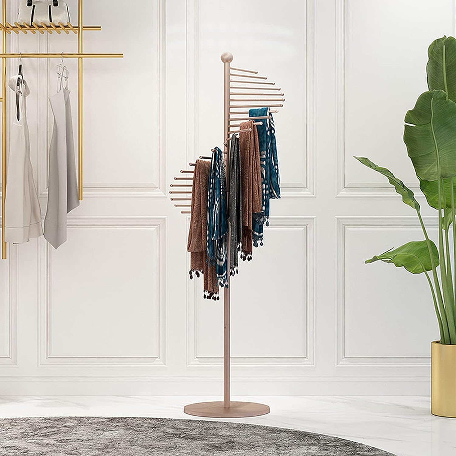 UWYTGF Freestanding Scarf Display Rack Freestanding Spiral Scarf Hanger Tie Organizer Holder,Belt Suit Pants Jewelry Women Closet Display Stand,Space Saving,Gold,42X150Cm