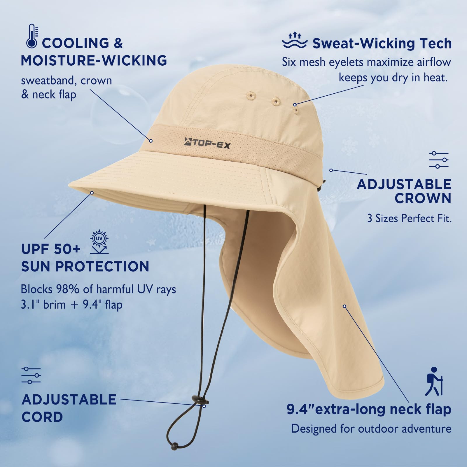 TOP-EX Sombrero de sol refrescante para hombre, UPF 50+, ala ancha y solapa