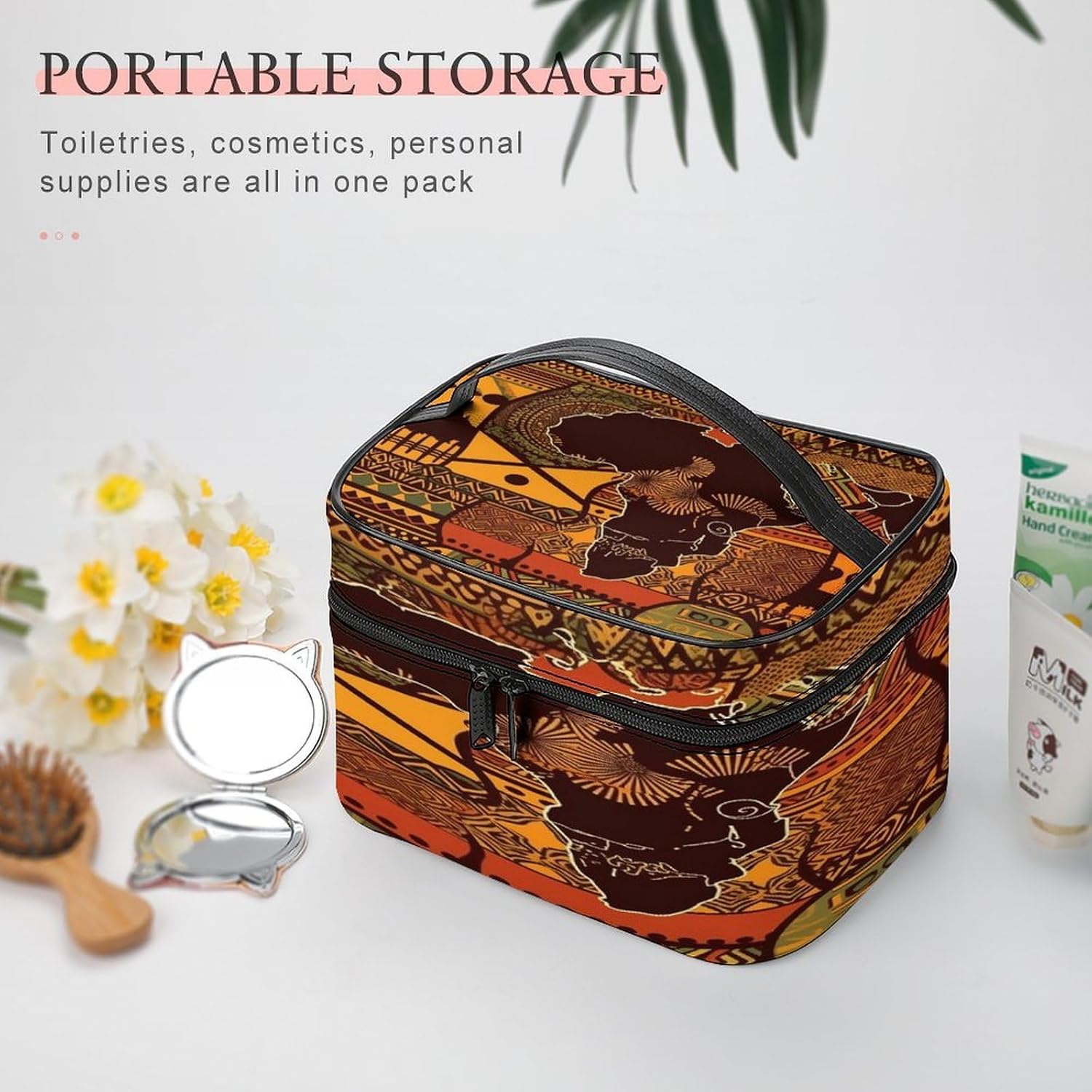 African Map Ethnic Pattern Makeup Bag with Handle Fashion Portable Travel Toiletry Bag Exquisite Large Capacity Cosmetic Bags Lightweight Travel Accessories Storage Bags for Women image 5