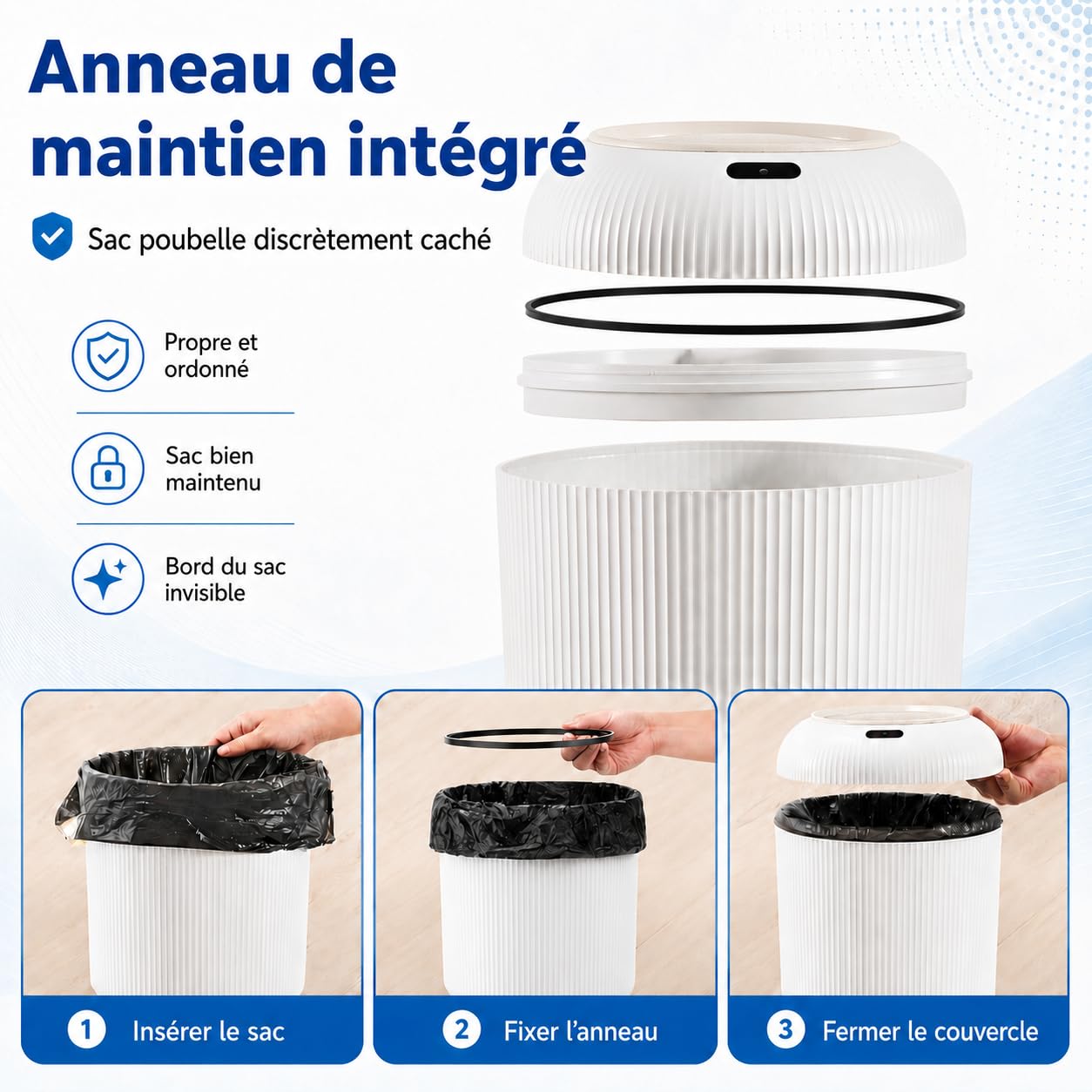 Poubelle Automatique Électrique 10L Blanche avec Couvercle Design pour Salle de Bain et Cuisine - Petite Poubelle WC Toilette à Ouverture Automatique, Anti-Odeur, Intelligente (10L)