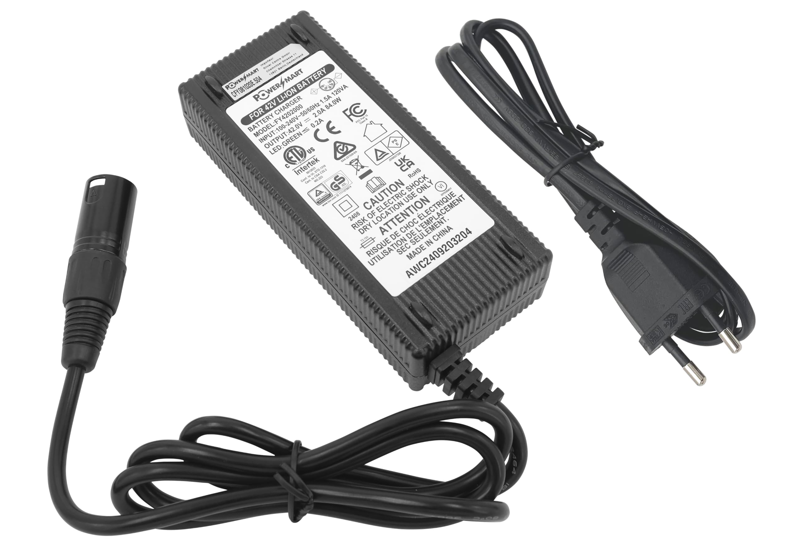 PowerSmart Chargeur 42 V 2 A pour Batteries 36 V de TranzX BL09 / BL-09, BL03 / BL-03, BL11, avec XLR 5-Pin