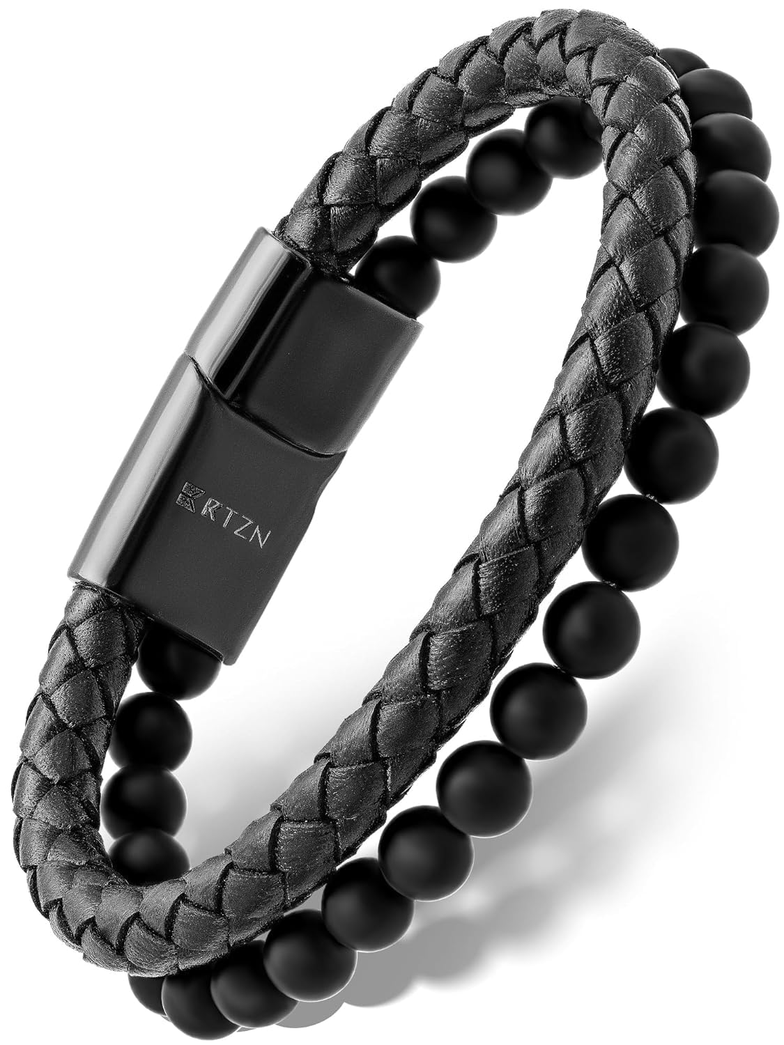 RTZNBlack Leather Bracelets for Men – Premium Artisan Handcrafted Collection – Single, Stacked, & Double Strand Braided Leather, Onyx Stone & Silver Chain Designs – Authentic Men's Leather Bracelets