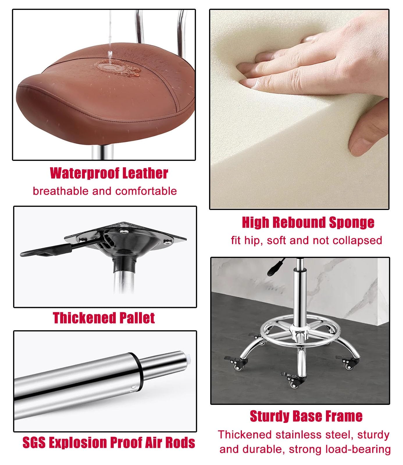 Sgabello a Sella con poggiapiedi e Supporto Lombare, ergonomico, per Ufficio, Salone, Studio dentistico, 50-70 cm (Colore: Marrone)