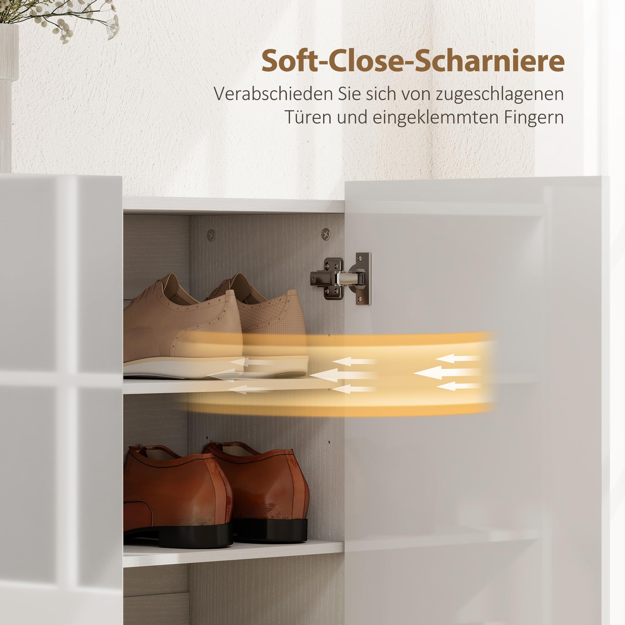 HOMCOM Schuhschrank Verstellbare Ablagen Hochglanztüren 106,4x34x108,5cm | Schuhregal, Belüftungslöchern, Schuhaufbewahrung mit Soft-Close-Funktion, Schuhkommode, für 25–30 Paar Weiß