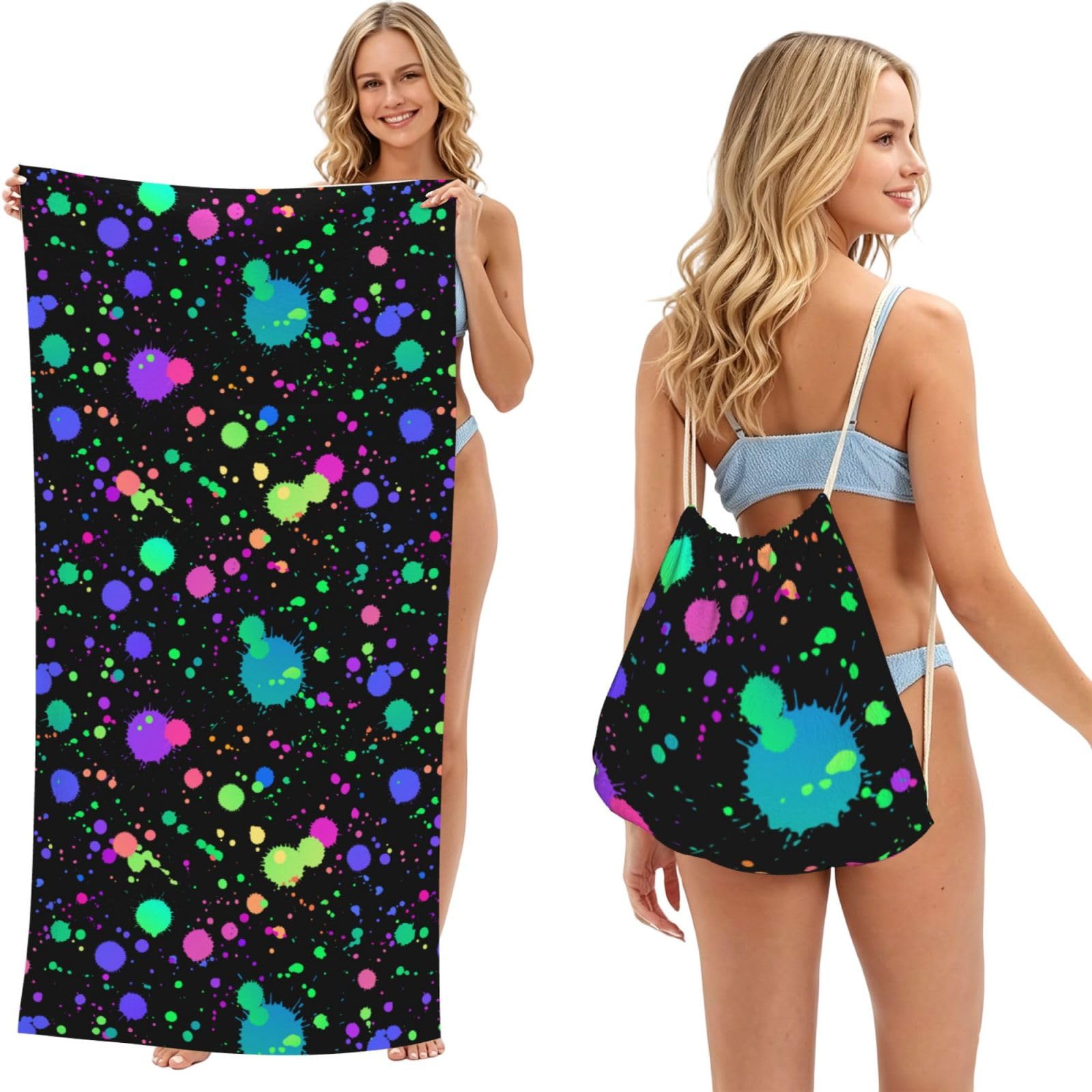 Noble Ren Glow In Dark Splatter Neon 2 In 1 Packable Towel Bag Beach Backpack Unisex Suitable For Travel Picnic Vacation And Camping