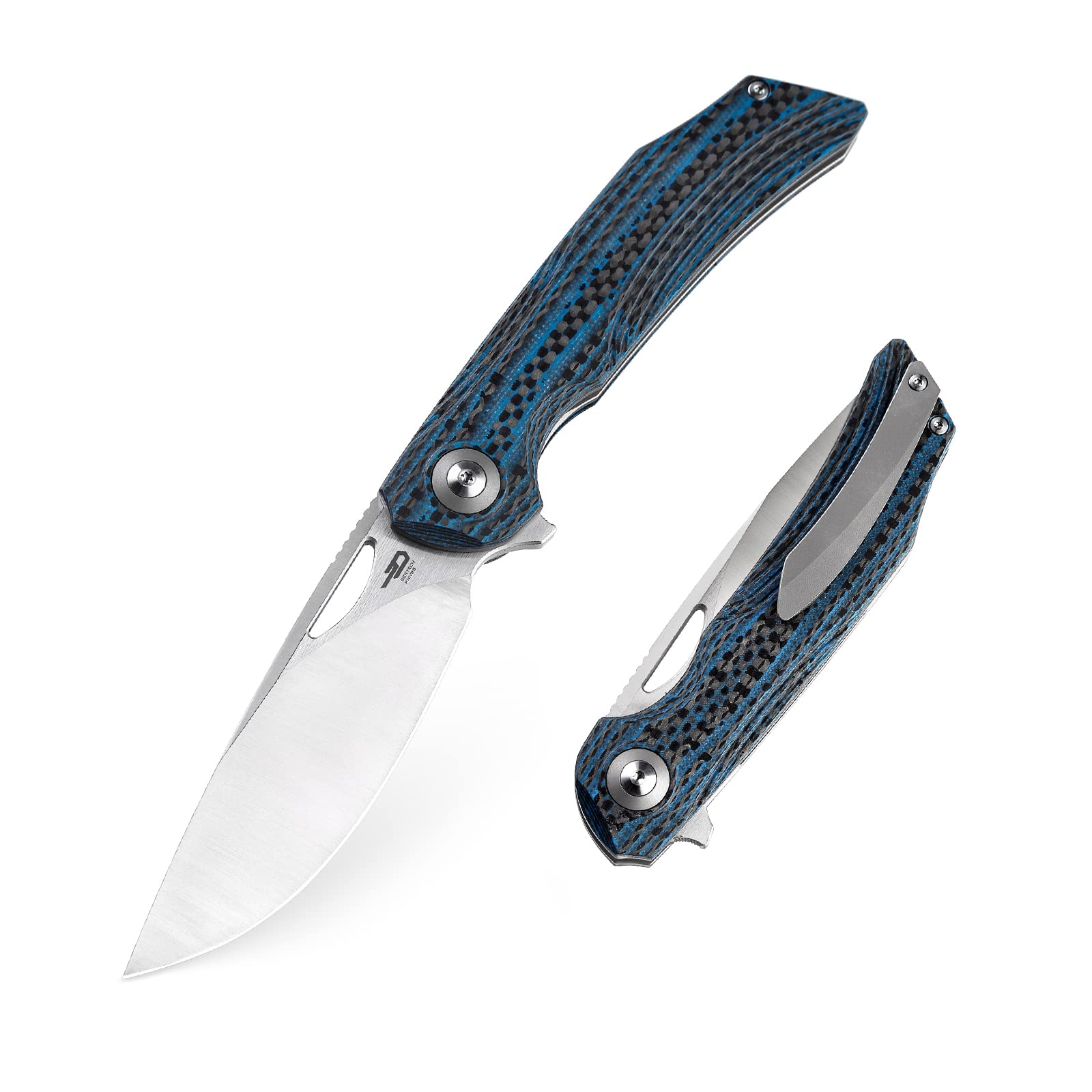 Pocket Folder Folding Knife: 3.54" 154CM Steel Satin Blade, Carbon Fiber and G10 Scales, Flipper, Liner Lock, EDC Titanium Clip, BL01B (Black Blue)