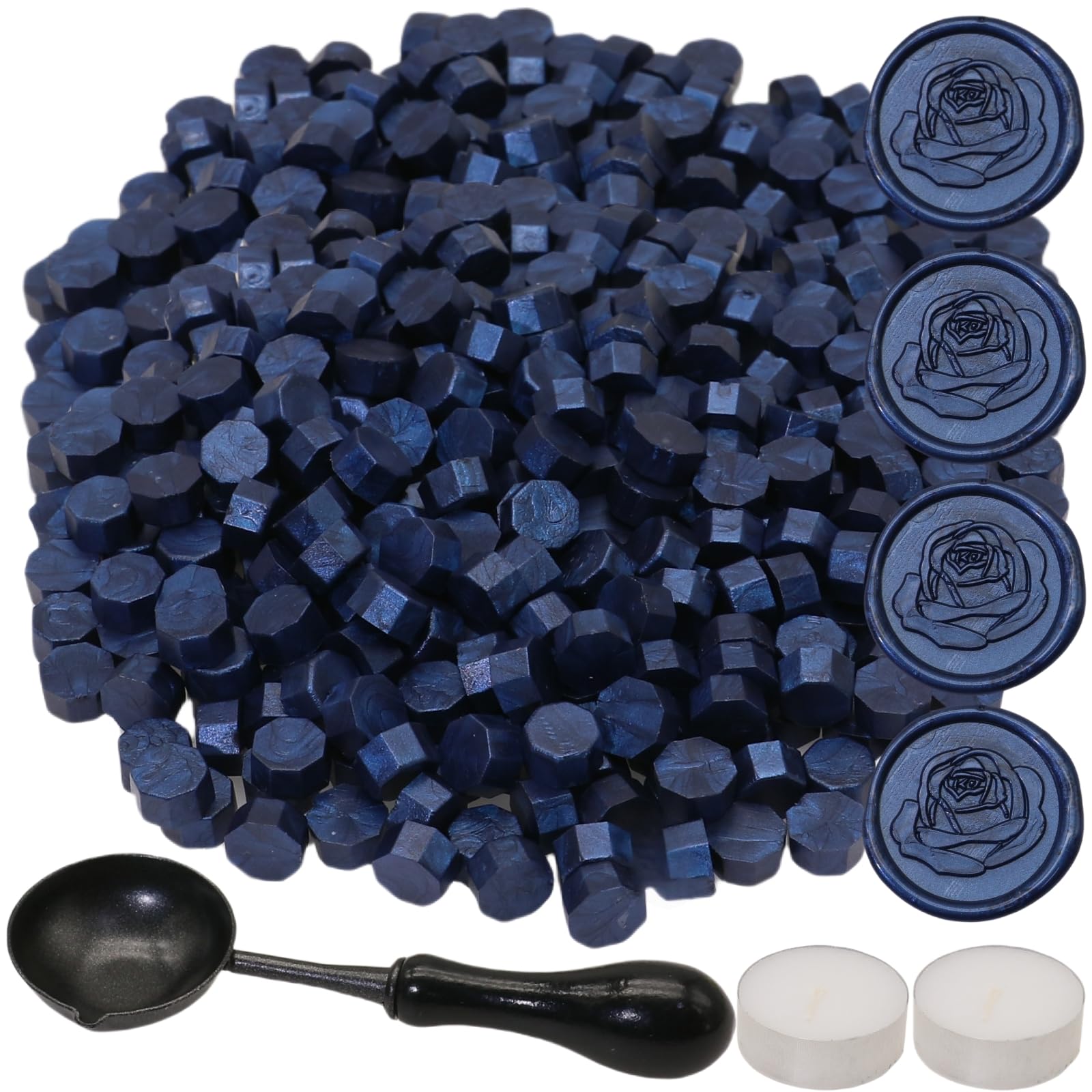 300Pcs Wax Seal Beads Set with Non-Slip Melt Spoon and Candles, Navy Blue Sealing Wax Pellets Bead Great for Seals Stamp, Wedding Invitations, Xmas Gift, Envelope Seal (Navy Blue)