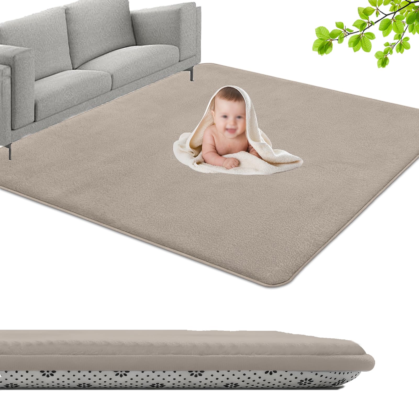Large Coral Velvet Baby Play Mat, 3CM Memory Foam Area Rug 140 x 180 cm Children's play mat Soft Play & Tummy Time, Playmat for Floor with Non-Slip Backing Crawling, Easy Care Rug Light Brown