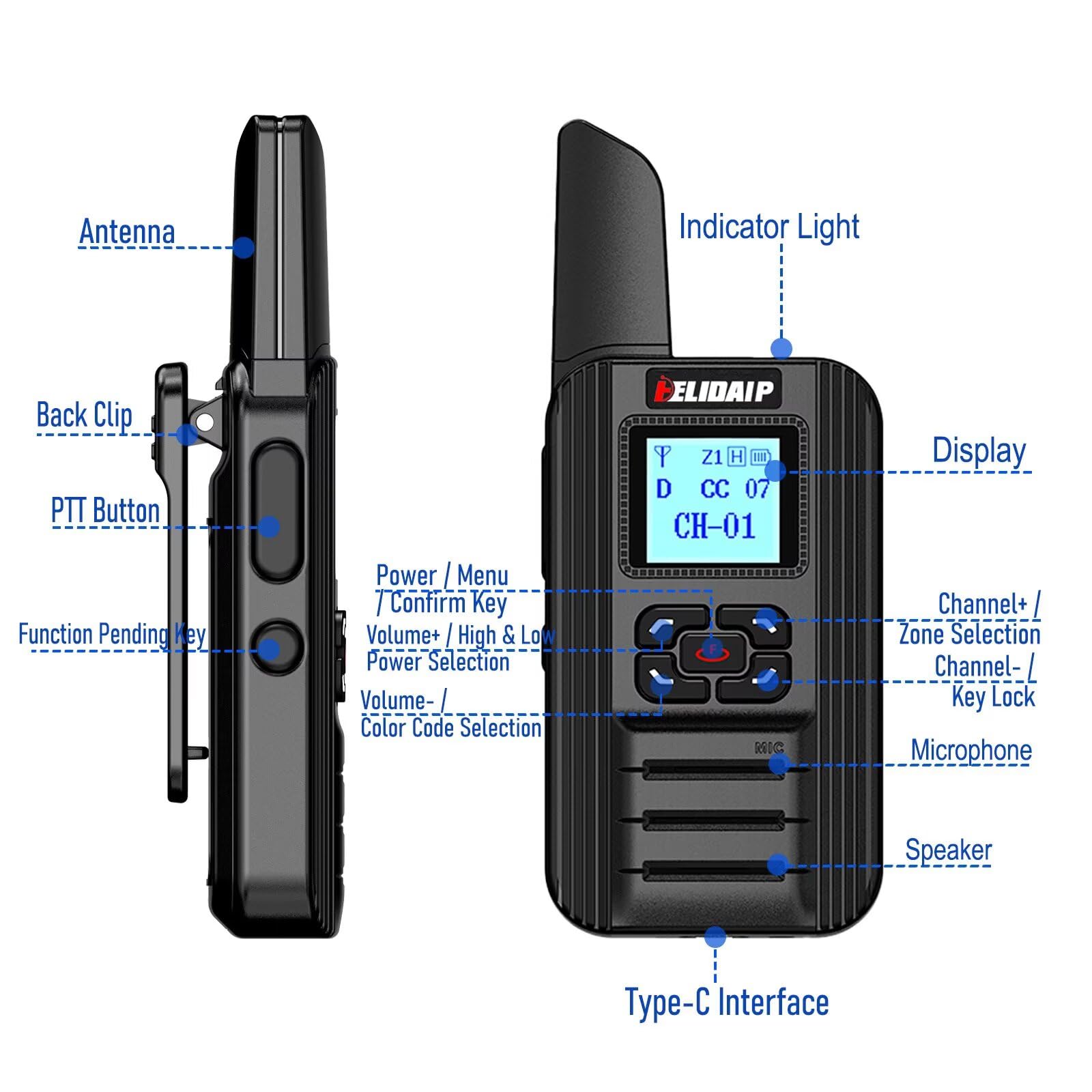 F-711 Mini Walkie Talkies DMR Digital Analog Funkgerät Aufladbar | USB-C 2000mAh Wiederaufladbarer Tragbare Funkgeräte für Restaurant Event Sicherheitsdienst Wanderabenteuer Outdoor, 1 Paar