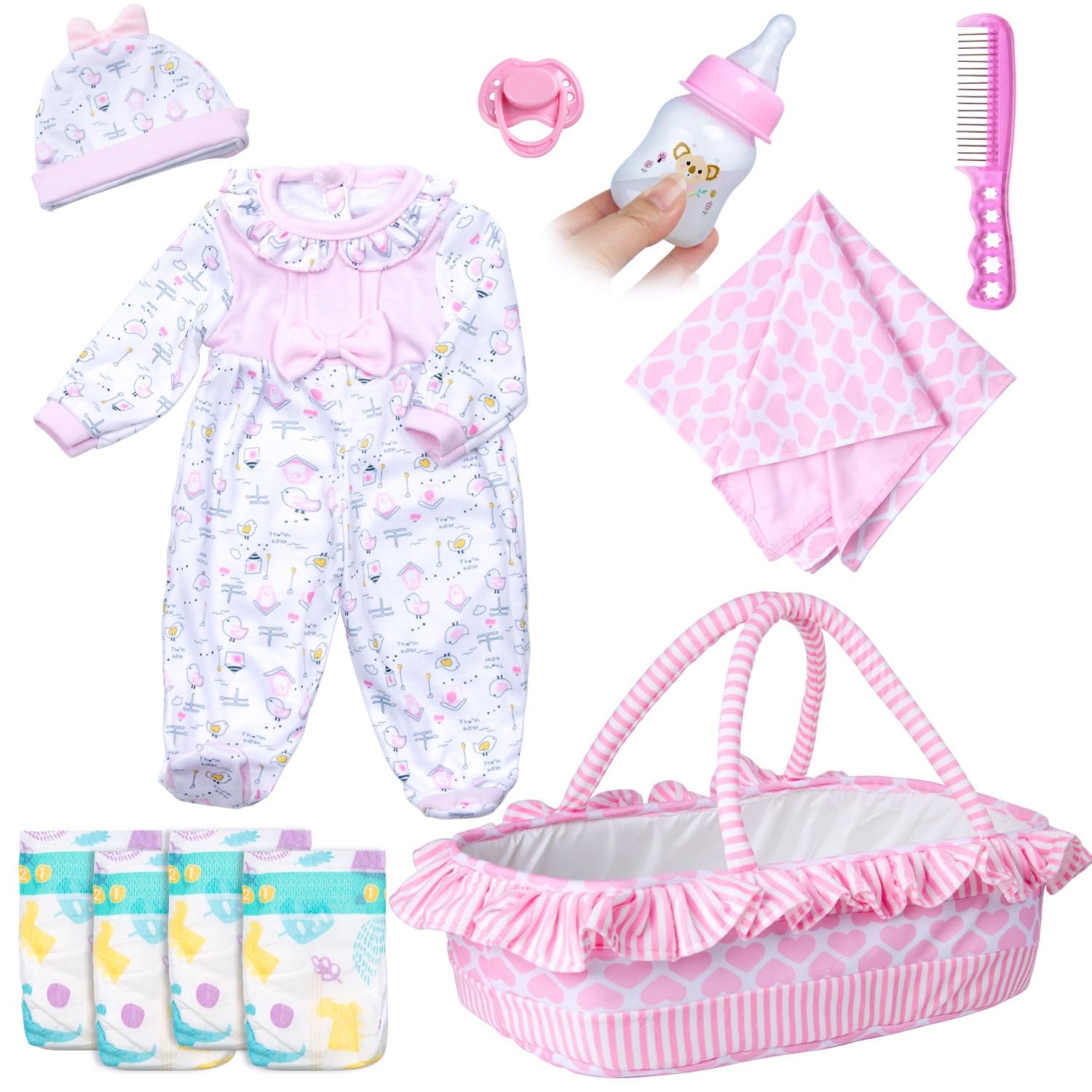 PEDOLLTREE - 11pcs Reborn Baby Doll Kleidung für Mädchen, rosa Mädchen Outfit Zubehör für 40,6–45,7 cm Puppe, Neugeborenes Mädchen mit rosa Herz Krippe