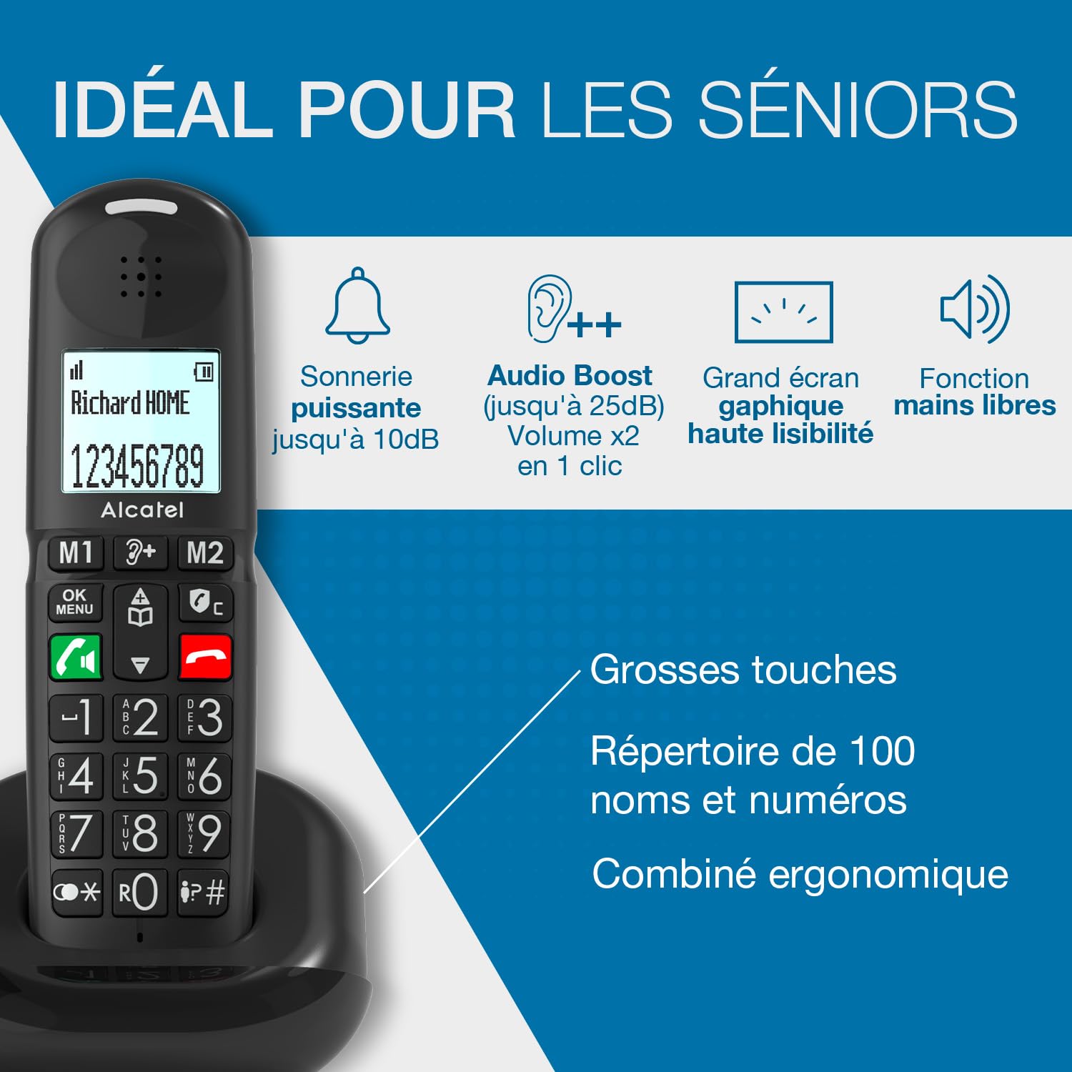 ALCATEL XL685 - Teléfono Inalámbrico DECT Senior Tamaño XL - Pantalla Gráfica - Teclas Grandes - Audio Boost - Manos Libres - Bloqueo de Llamadas - Negro