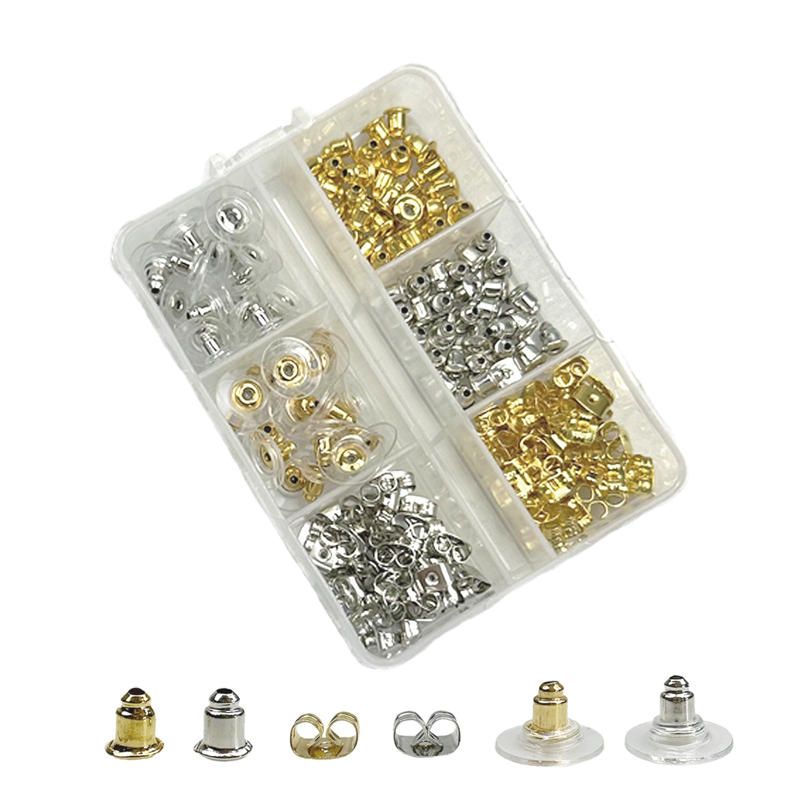 Mevodeata Earring Backs - 6 Styles, 170 Pcs, Hypoallergenic Metal, Bullet Shape Safety Earring Backs Replacements for Studs, Hoops