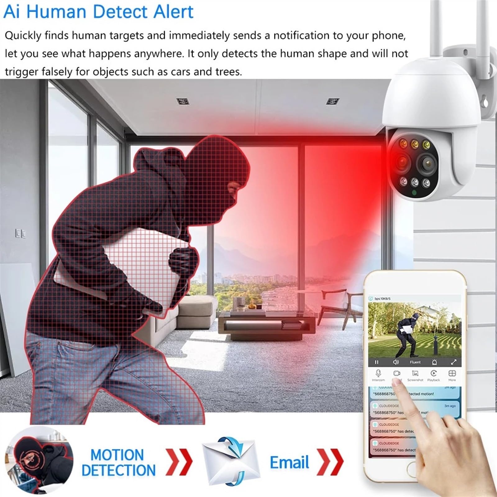 Caméra de sécurité, 4K 8MP PTZ caméra IP dôme de Vitesse détection Humaine extérieure 10X Zoom numérique Wilress vidéo CCTV Surveillance(WiFi Add 128G Card)