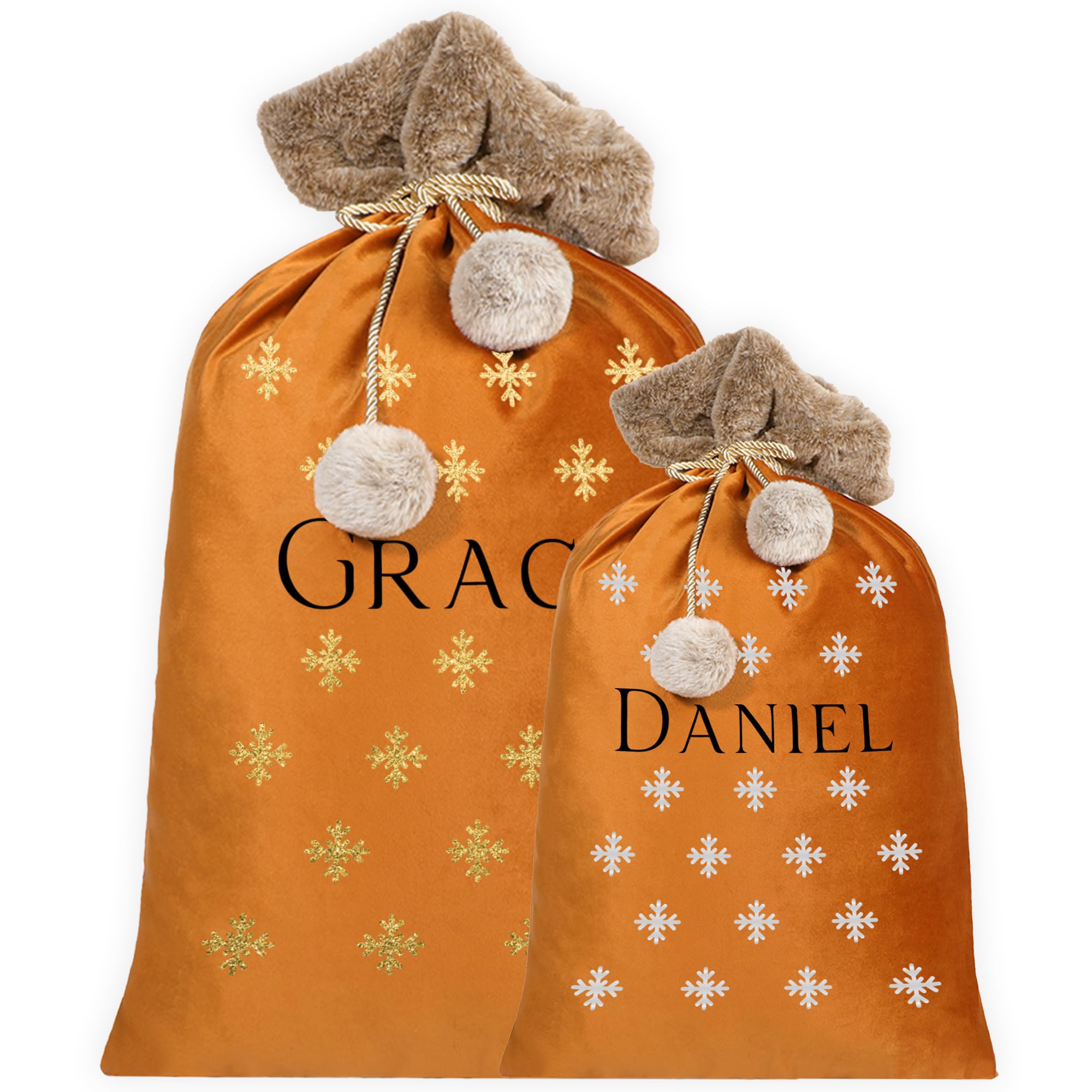 Print Maniacs Copper - Snow Flakes Personalised Christmas Stocking Gifts For Dad, Personalised Santa Stocking Sack, Customised Santa Sack Adults, Custom Stocking Velvet And Fur Santa Sack, Personalised Xmas Gifts For Dad
